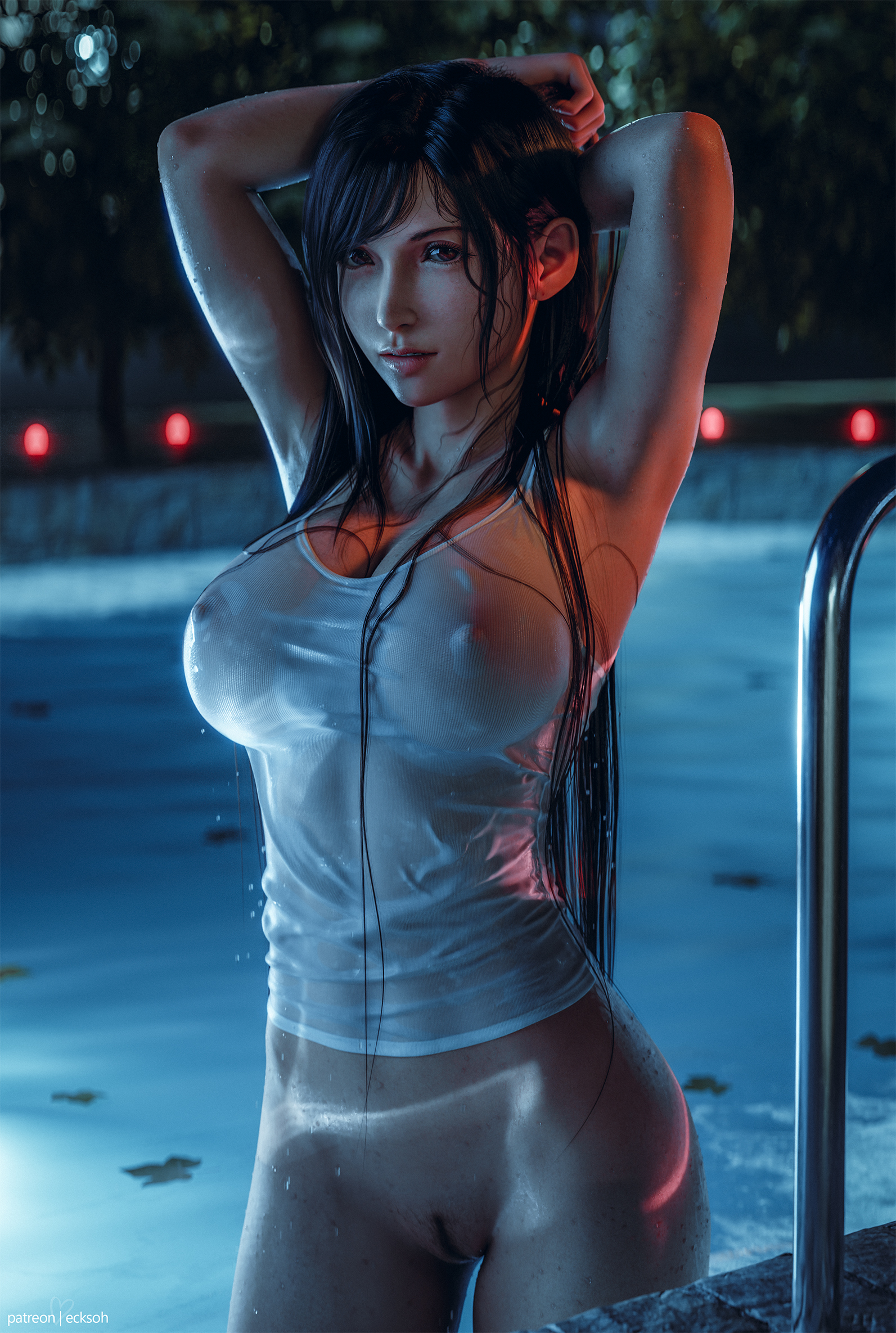 1girls, 3d, 3d (artwork), areola, areolae, arms behind head, arms up, ass, black hair, blender, blender (software), breasts, ecksoh, female, female focus, female only, final fantasy, final fantasy vii, final fantasy vii remake, highres, large breasts, lips, looking at partner, looking at viewer, night, nipples, nipples visible through clothing, no bra, no panties, pool, poolside, pubic hair, pussy, red eyes, shirt, solo, solo female, solo focus, tifa lockhart, vagina, very long hair, water, water drop, wet, wet body, wet clothing, wet skin