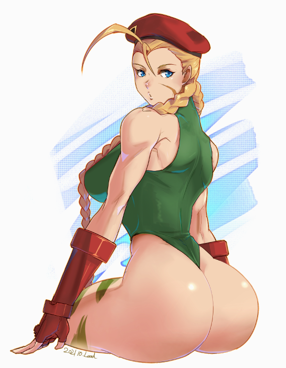 ahoge artist_request ass ass_grab bare_shoulders beret blonde_hair blue_eyes bodypaint braid breasts cammy_white camouflage capcom covered_erect_nipples curvy female fingerless_gloves gloves green_leotard hands_on_own_ass hat highleg highleg_leotard huge_ahoge huge_ass leotard long_braid long_hair looking_at_viewer looking_back medium_breasts muscular muscular_female padded_gloves red_gloves scar skin_tight sleeveless solo standing street_fighter street_fighter_ii thighs thong_leotard twin_braids very_long_hair white_background