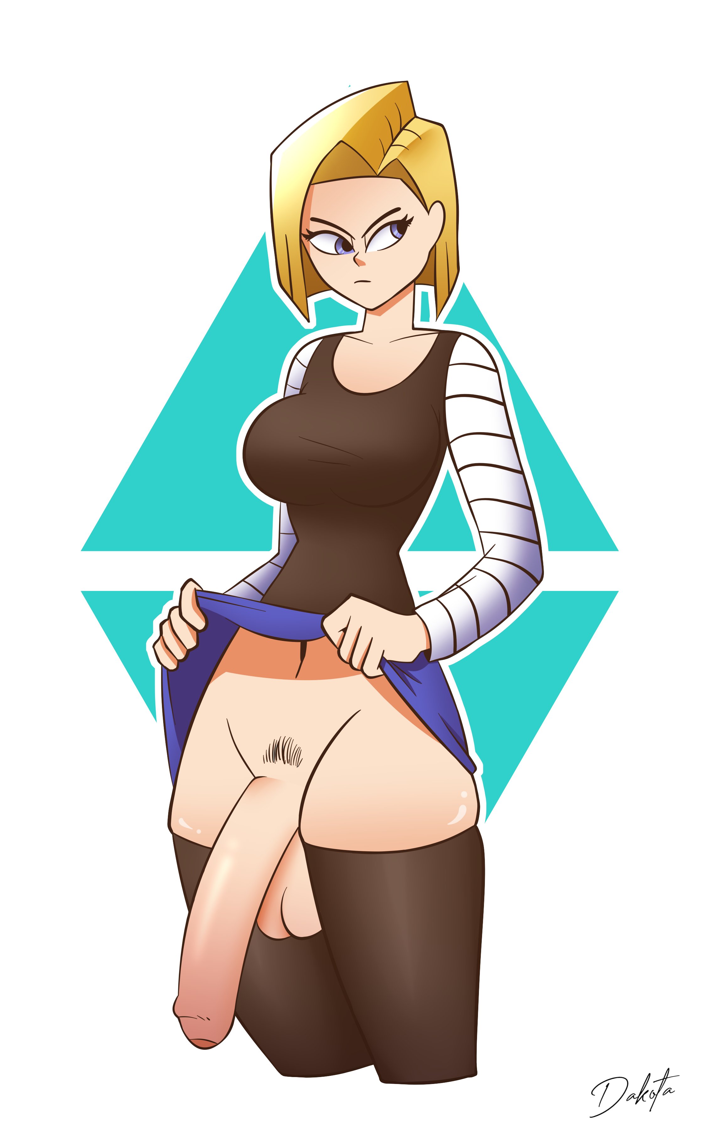 1futa, 2022, android 18, balls, big balls, big breasts, big penis, blue eyes, breasts, clothed, clothing, dakota018, dragon ball, dragon ball z, female, flaccid, flashing, foreskin, futa only, futanari, huge cock, human, intersex, light skin, light-skinned futa, milf, mostly clothed, no panties, penis, pubic hair, simple background, skindentation, skirt lift, smooth penis, solo, standing, thighhighs, uncircumcised, uncut, unretracted foreskin, yellow hair