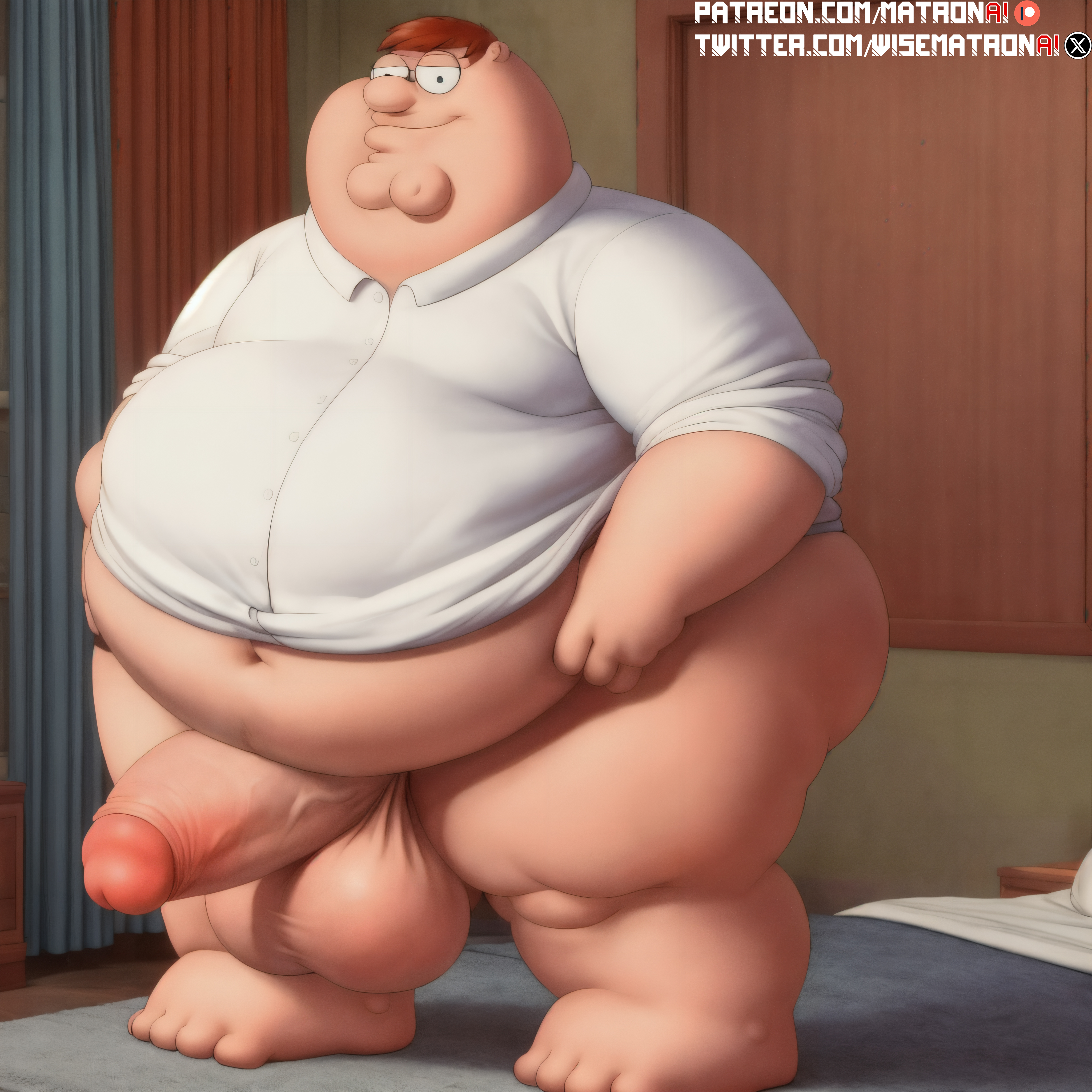4k, ai generated, balls, belly, belly button, bhm, big balls, big belly, big penis, bottomless, family guy, highres, male, male only, matronai (artist), morbidly obese, morbidly obese male, obese, obese male, overweight, patreon, patreon username, penis, peter griffin, pinup, stable diffusion, thick penis, twitter username, veiny penis