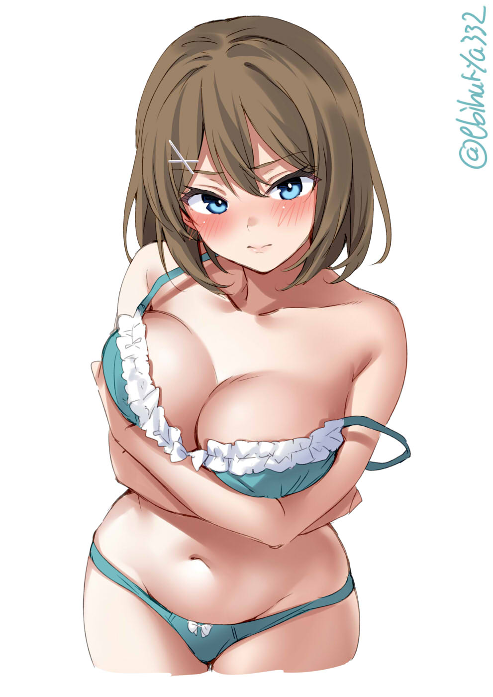 aqua_bra aqua_panties arms_under_breasts bare_arms bare_shoulders blue_eyes blush bob_cut bow bow_bra bow_panties bra breast_hold breasts brown_hair cleavage closed_mouth collarbone cowboy_shot cropped_legs crossed_arms ebifurya female frills groin hair_between_eyes hair_ornament highres kantai_collection large_breasts looking_at_viewer maya_(kantai_collection) navel panties short_hair simple_background solo stomach strap_slip twitter_username underwear underwear_only white_background x_hair_ornament