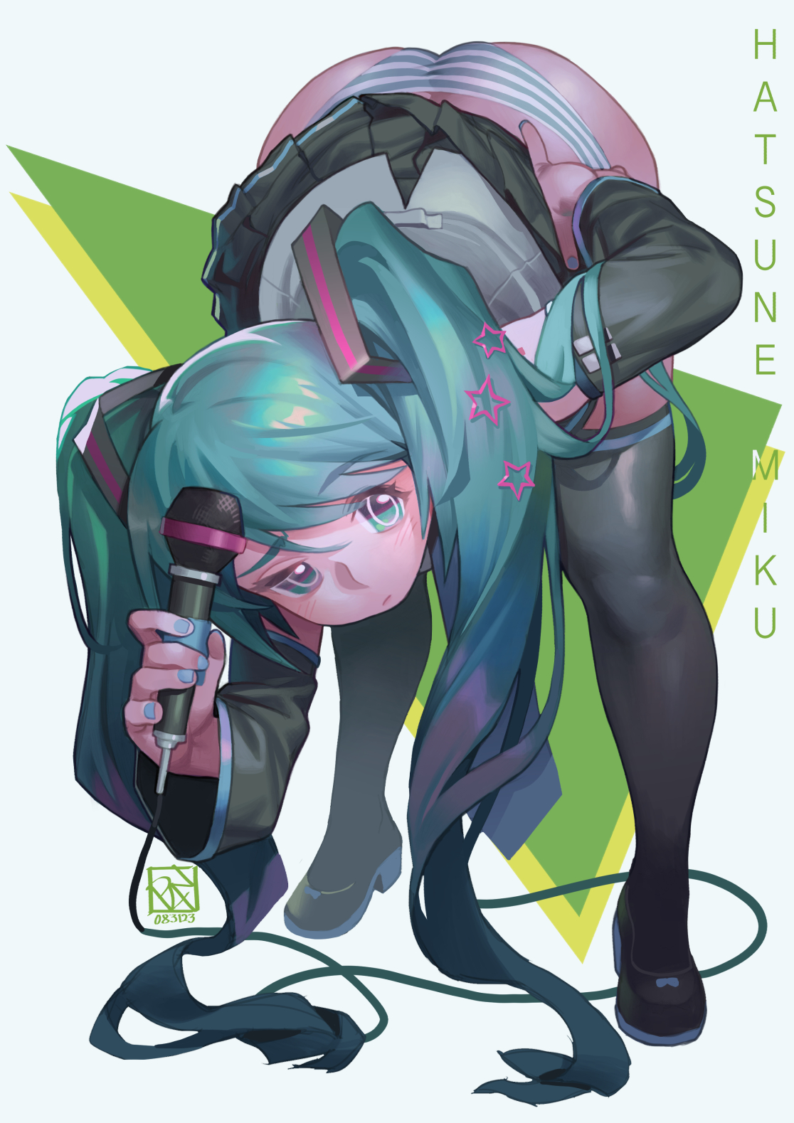1girl, aqua eyes, aqua hair, aqua nails, ass, ass up, bent over, black footwear, black skirt, black thighhighs, blue hair, blue nails, boots, clothes lift, detached sleeves, female, hatsune miku, highres, holding, holding microphone, long hair, looking at viewer, microphone, nail polish, panties, pleated skirt, poch4n, shirt, skirt, skirt lift, solo, star (symbol), striped, striped panties, thigh boots, thighhighs, twintails, underwear, very long hair, vocaloid
