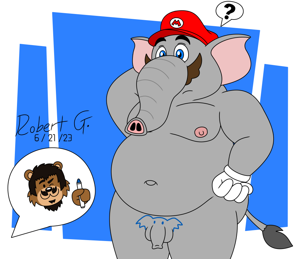 2023 2boys anthro balls ballsack black_hair blue_eyes body_drawing brown_fur brown_hair clothing elephant elephant_mario elephantid facial_hair flaccid_penis foreskin frown genitals gloves goatee grey_skin hat headgear headwear humanoid_penis intact long_foreskin male male_nipples male_only mammal mario mario_(series) marker moobs mustache nintendo nude_male partial_male penis proboscidean question_mark robertgdraws scrotum slightly_chubby smooth_penis solo_focus soul_patch speech_bubble super_mario_bros._wonder tail tail_tuft testicles toony uncut unretracted_foreskin