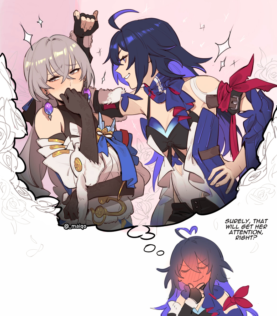2girls blue_eyes blue_hair blush bronya_rand english english_text fantasizing female honkai:_star_rail honkai_(series) kabedon lesbian maiqo romantic romantic_couple seele_(honkai:_star_rail) silver_eyes silver_hair tagme yuri