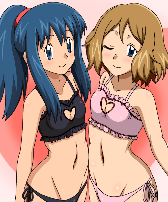 2girls black_bra black_panties blue_eyes blue_hair blush bra brown_hair dawn_(pokemon) frills heart_cutout kuro_hopper lingerie looking_at_viewer navel panties pink_bra pink_panties pokemon pokemon_(anime) pokemon_dppt pokemon_xy serena_(pokemon) smile