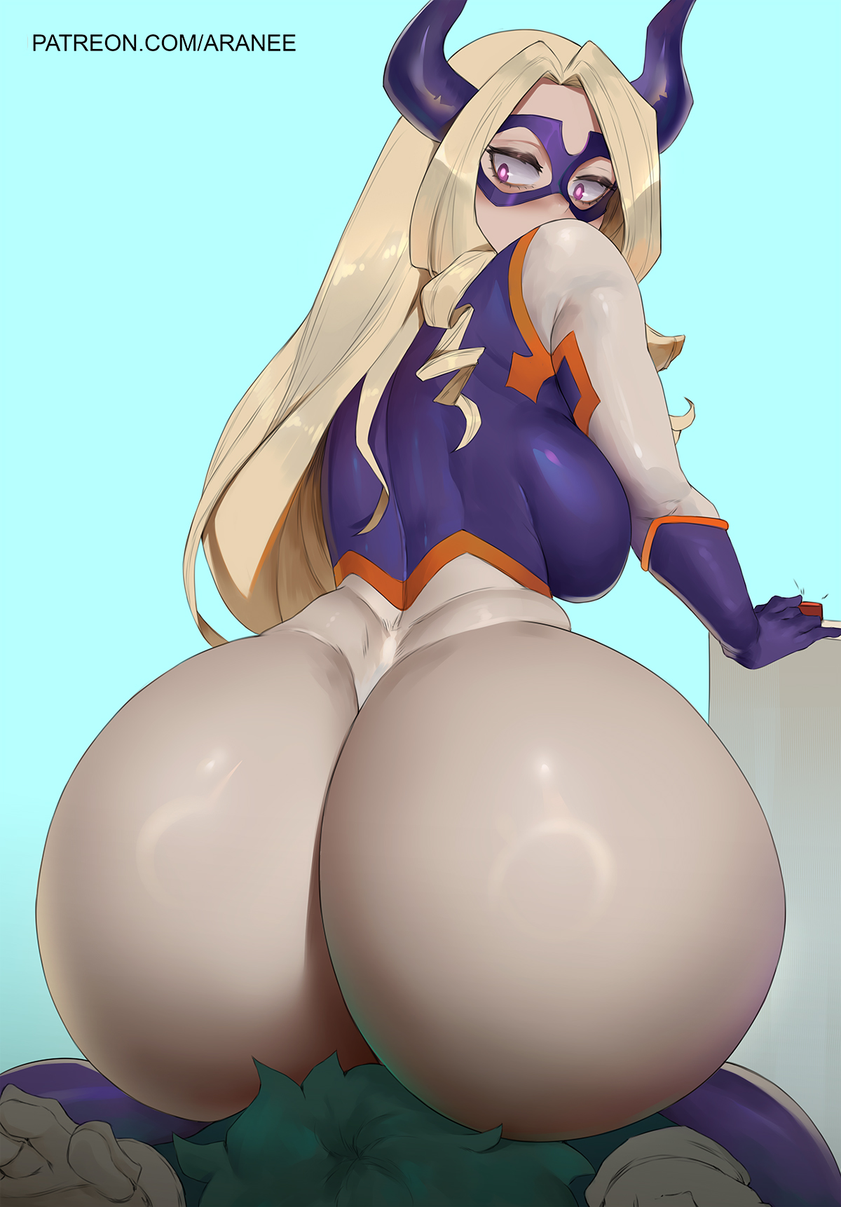 1boy, 1girls, 2023, araneesama, artist name, ass, back, back view, big ass, big breasts, blonde hair, blonde-haired female, blue background, bodysuit, breasts, busty, clothed, clothed female, clothes, clothing, cutesexyrobutts (style), duo, eyelashes, facesitting, fake horns, female, female focus, from behind, fully clothed, gloves, green hair, green-haired male, hair, handwear, hero outfit (mha), hi res, higher resolution available, huge ass, human, human only, izuku midoriya, large ass, large breasts, light skin, light-skinned female, long hair, looking back, male, male/female, mask, mount lady, my hero academia, purple eyes, rear view, sideboob, simple background, sitting, sitting on person, skin tight, straight, straight hair, unseen male face, url, wide hips, yuu takeyama