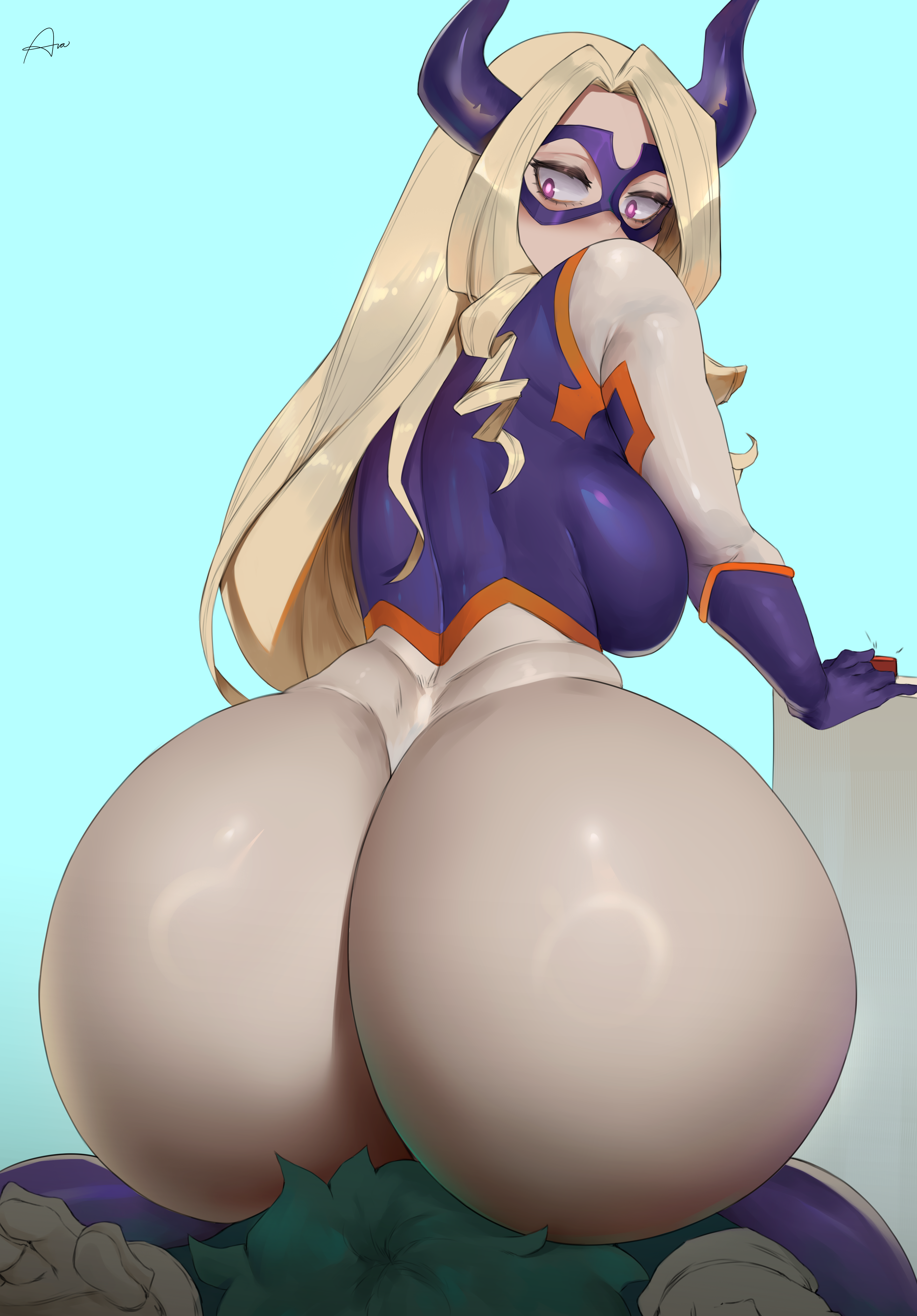1boy, 1girls, absurdres, araneesama, ass, big ass, big breasts, big butt, blonde hair, blonde-haired female, breasts, cutesexyrobutts (style), facesitting, female, green hair, green-haired male, hero outfit (mha), horns, izuku midoriya, long hair, male, mount lady, my hero academia, thick thighs, yuu takeyama