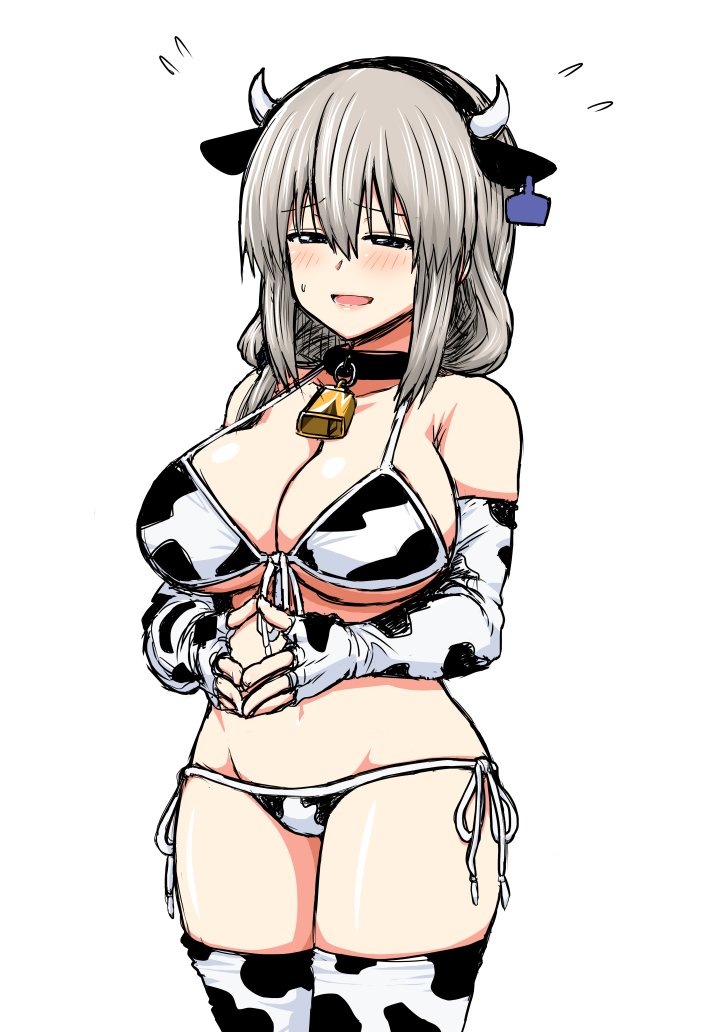 bikini, blush, breasts, cleavage, collar, cow bikini, cow ears, cow girl, cow horns, cow print, cowbell, cowgirl position, embarrassed, female, huge breasts, milf, mom, mommy, solo, thighs, uzaki tsuki, uzaki-chan wa asobitai!, white background