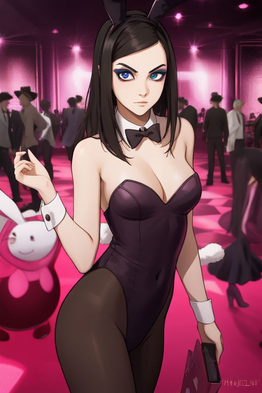 1girls ai_generated animal_ears black_hair black_leotard bowtie bunny_ears bunny_girl ergo_proxy female gothic leatard looking_at_viewer nightclub pantyhose playboy_bunny re-l_mayer solo_female