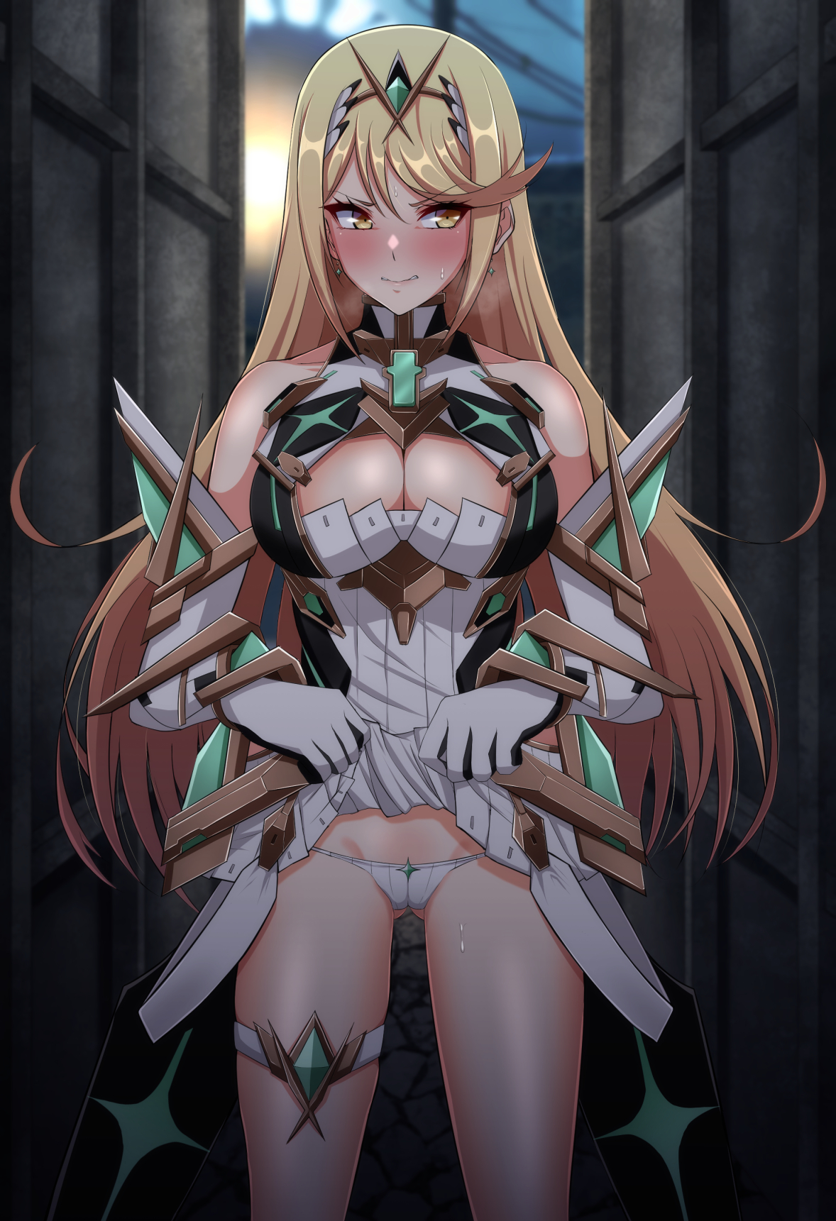 bare shoulders, blonde hair, blush, breasts, chest jewel, cleavage, cleavage cutout, clothes lift, clothing cutout, dress, dress lift, earrings, elbow gloves, eruu (eruuman), female, gloves, highres, jewelry, large breasts, lifting skirt, long hair, looking to the side, mythra, mythra (xenoblade), panties, short dress, solo, swept bangs, thigh strap, thighs, tiara, underwear, white dress, white gloves, white panties, xenoblade (series), xenoblade chronicles (series), xenoblade chronicles 2, yellow eyes