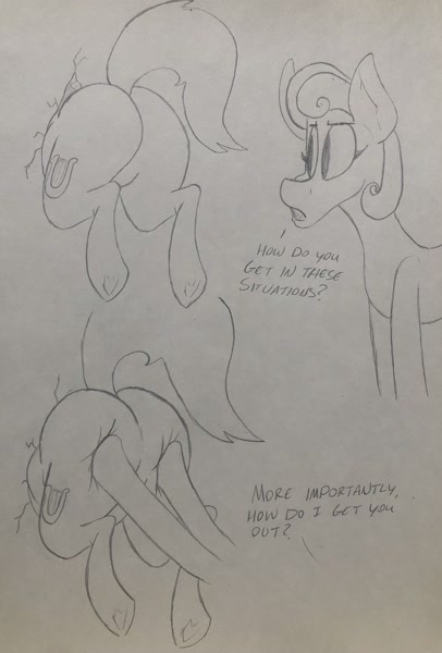 2girls ass big_ass big_butt cutie_mark dynamo1940 english english_text equine exposed exposed_ass featureless_crotch female feral friendship_is_magic hasbro humiliation lyra_heartstrings_(mlp) monochrome my_little_pony plot push pushing squish stuck stuck_in_wall suggestive sweetie_drops tail text through_wall traditional_media_(artwork)