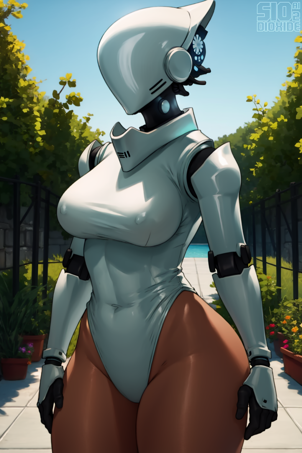 1girls ai_generated blue_sky breasts cowboy_shot dark-skinned_female dark_skin day dioxide garden haydee haydee_(game) helmet highleg highleg_leotard large_breasts leotard nipple_bulge outdoors plant robot_girl robot_joints sky solo thick_thighs thighs tree white_leotard