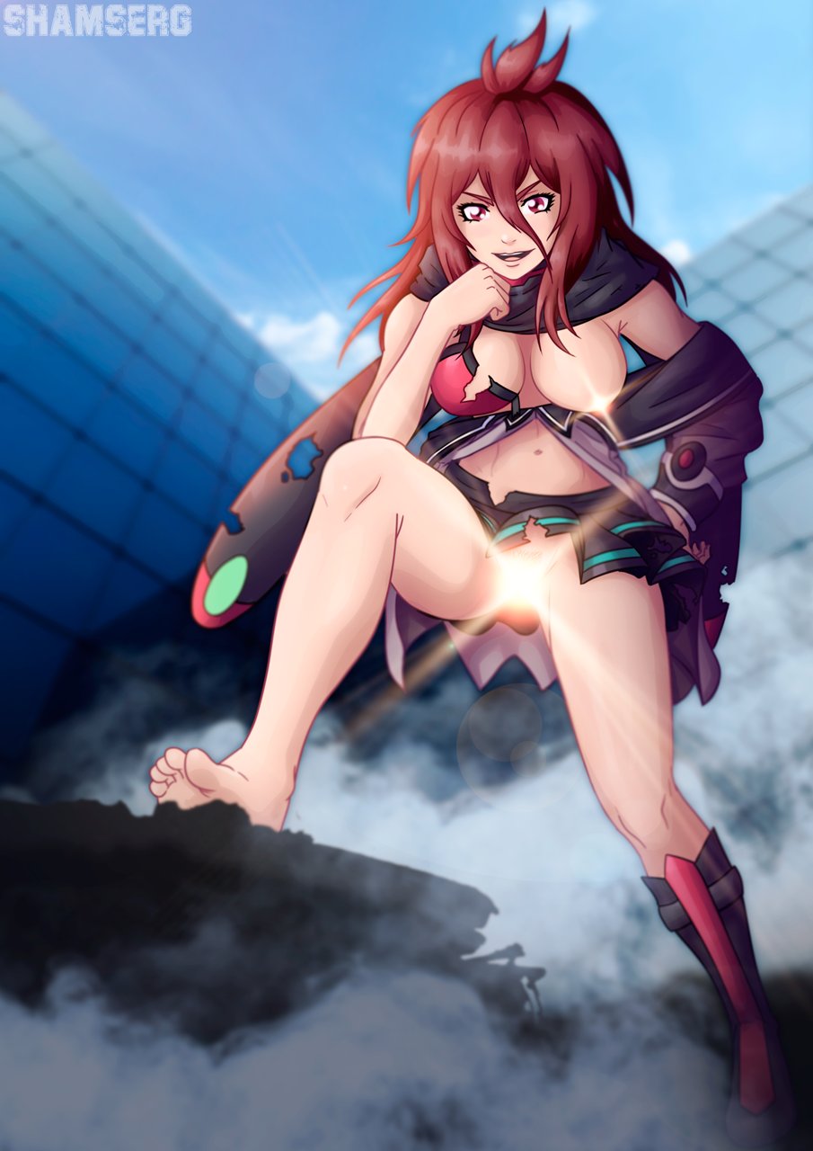 belly boots bra breast censored female_only gakusen_toshi_asterisk half_naked midriff red_eyes red_hair scarf skirt smoke solo solo_female torn_clothes urzaiz_irene