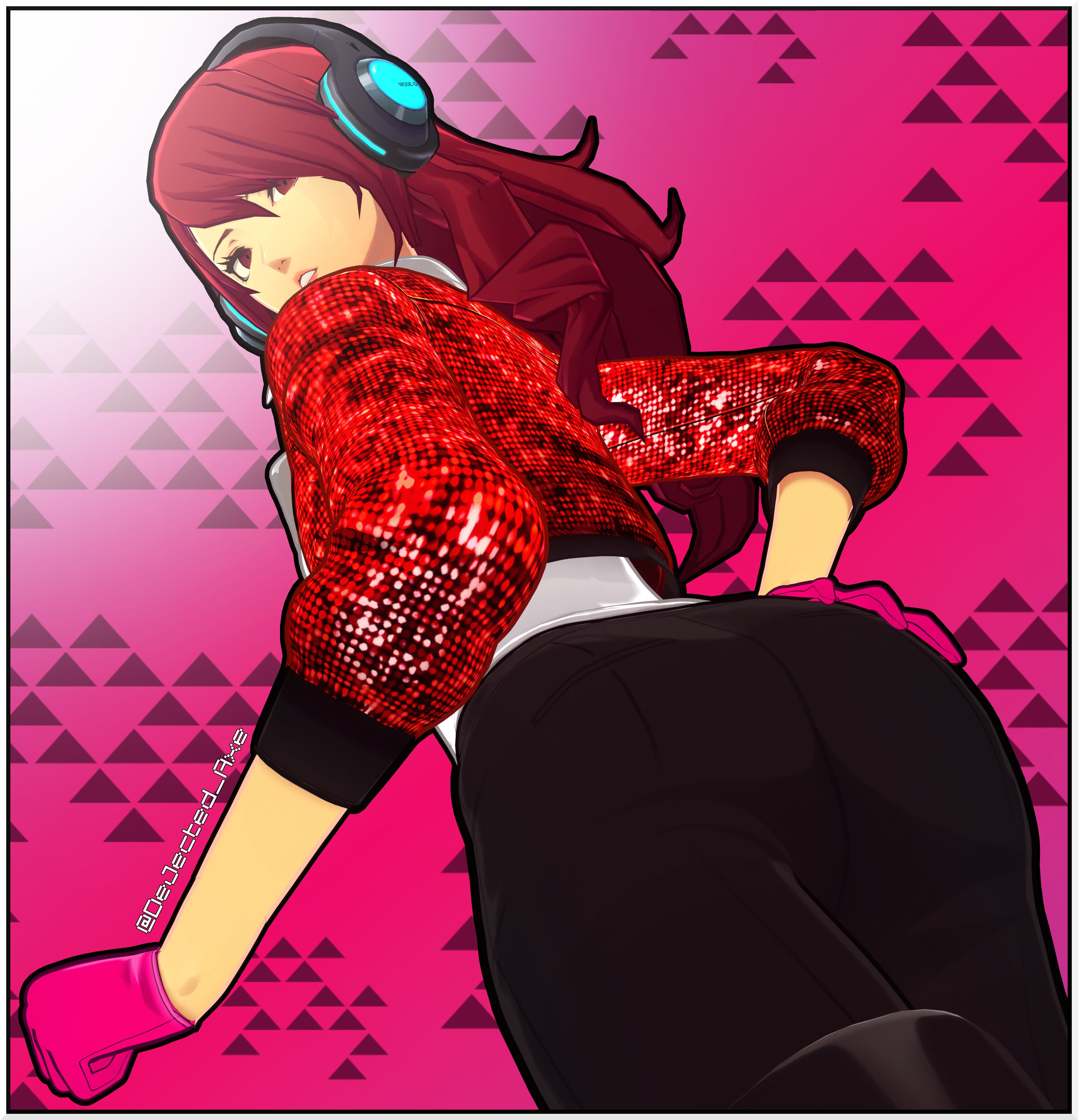 1girls, ass, ass focus, atlus, big ass, clothed, dejected axe, female, hand on ass, hand on butt, mitsuru kirijo, mitsuru kirijo (moonlight), persona, persona 3, persona 3: dancing in moonlight, red hair
