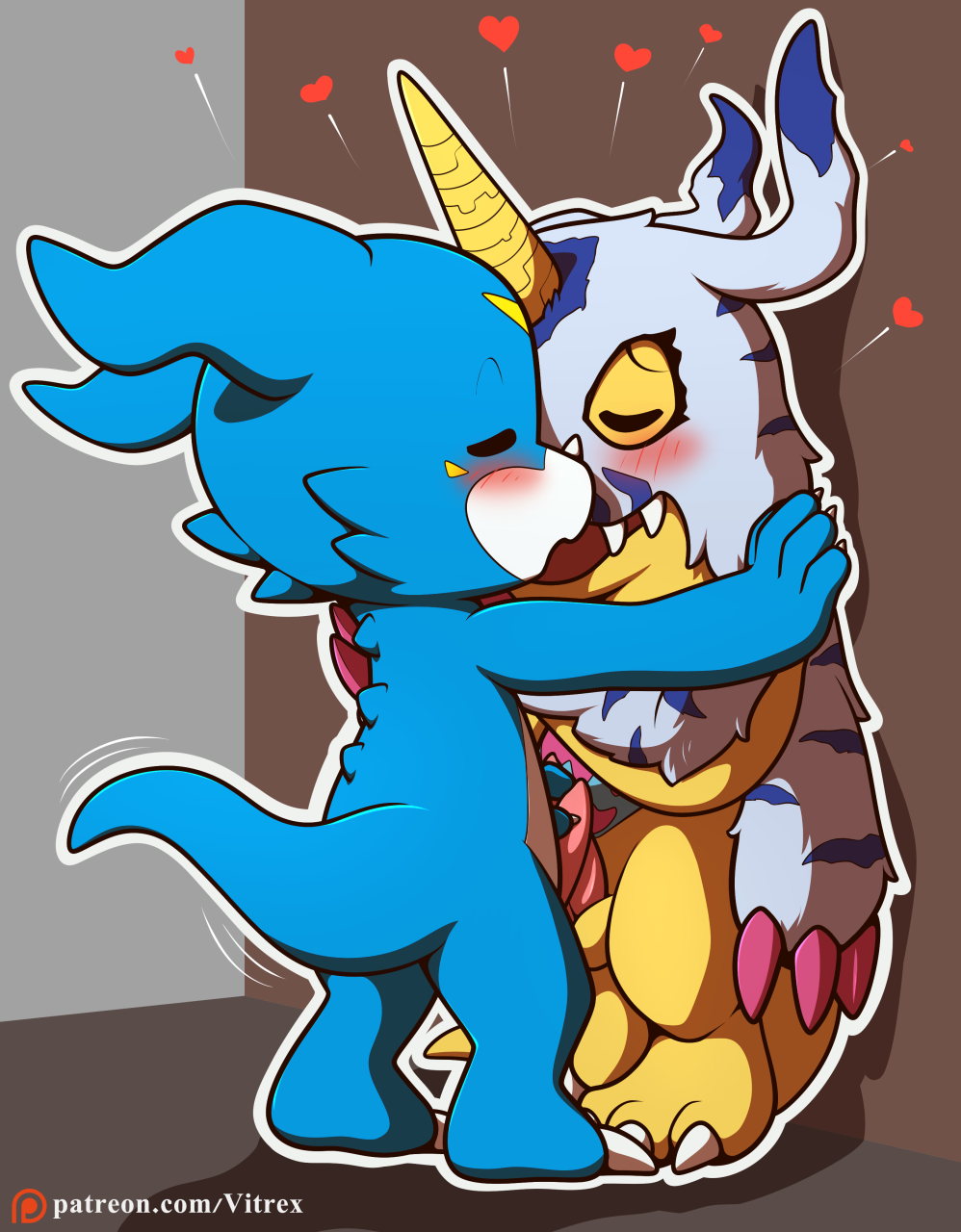 animal_genitalia anthro balls bandai_namco blue_body blush claws closed_eyes digimon digimon_(species) digital_media_(artwork) duo erection fangs frottage fur gabumon genitals hi_res horn kissing male male/male nude penis pinned pinned_to_wall scalie sex simple_background smile tail teeth veemon vitrex yellow_body