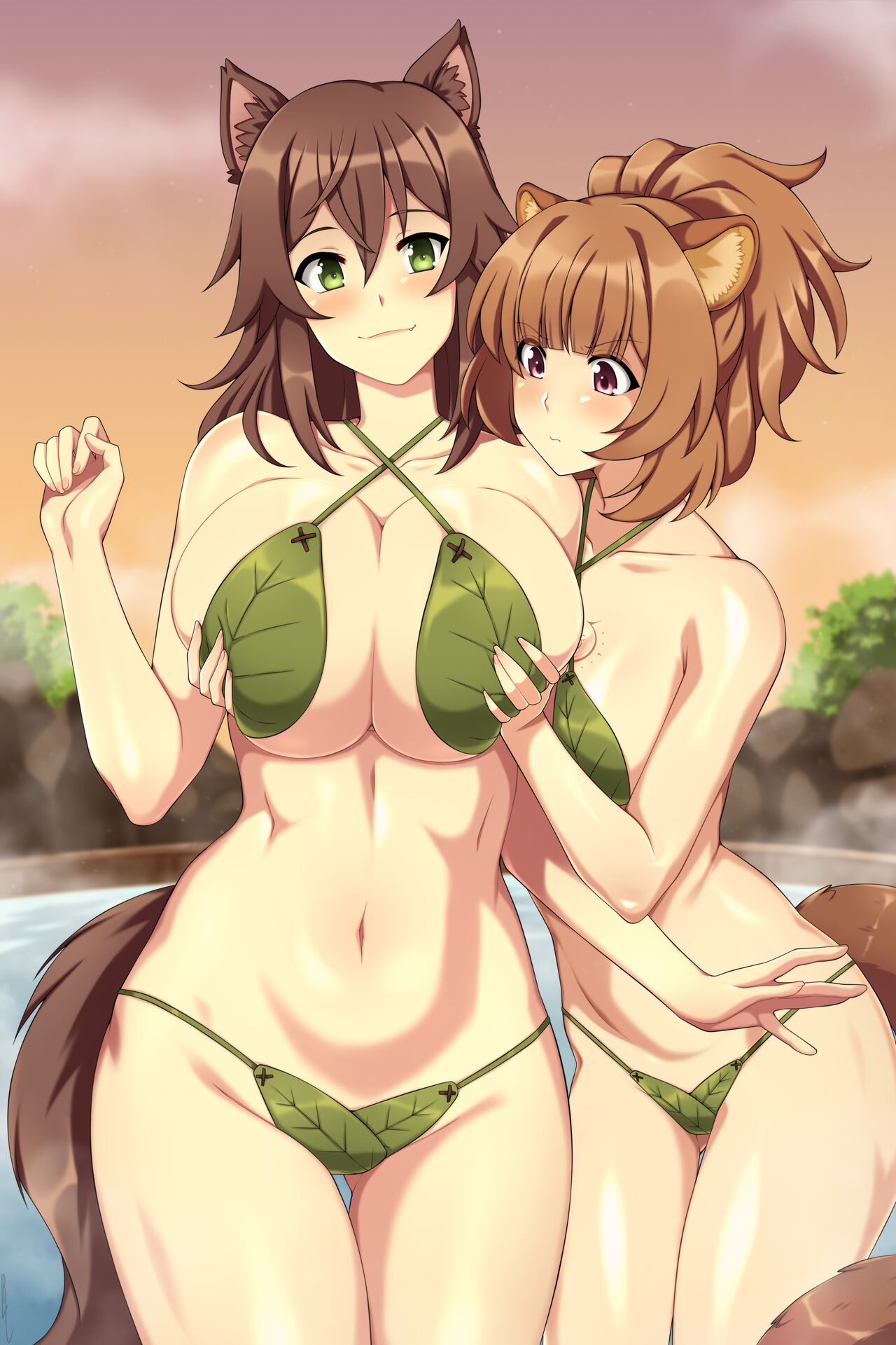 2girls, animal ear fluff, animal ears, ass visible through thighs, bare shoulders, bikini, blunt bangs, blurry, blurry background, breast envy, breast grab, breasts, brown hair, choujin koukousei-tachi wa isekai demo yoyuu de ikinuku you desu!, cleavage, closed mouth, collarbone, crossover, female, female only, fondling, green bikini, green eyes, groin, groping, huge breasts, leaf bikini, leaning forward, lindaroze, monster girl, multiple females, multiple girls, navel, outdoors, pink eyes, raccoon ears, raccoon tail, raphtalia, steam, swimsuit, tail, tate no yuusha no nariagari, thigh gap, thighs, twitter username, water, web address, winona (choujin koukousei-tachi wa isekai demo yoyuu de ikinuku you desu!)
