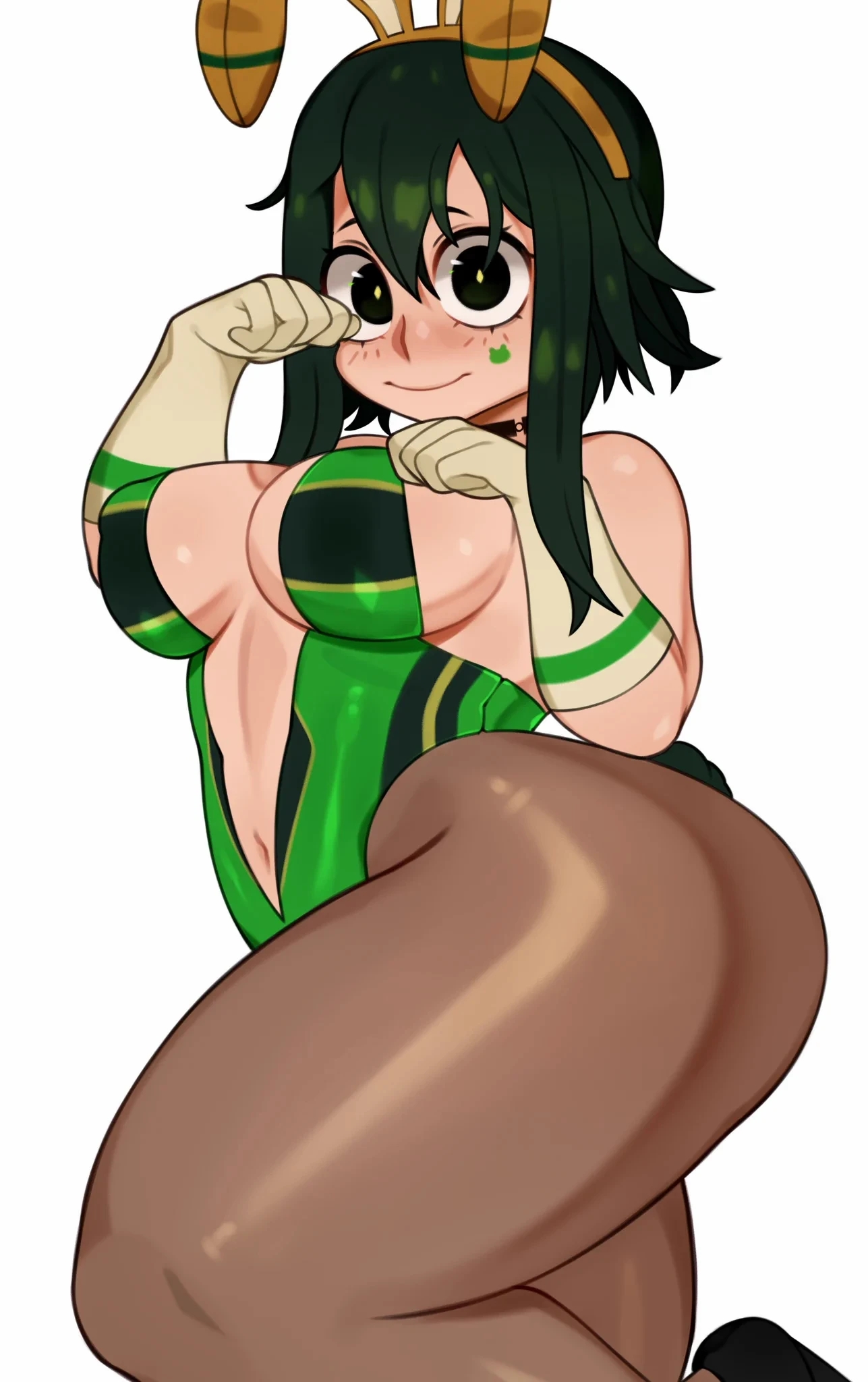 1girls, big breasts, breasts, bunny ears, bunny tail, bunnysuit, choker, cleavage, eyebrows, female, female only, green hair, leg up, looking at viewer, melonpuff, my hero academia, solo, solo female, solo focus, thick thighs, thighs, tsuyu asui, wide hips