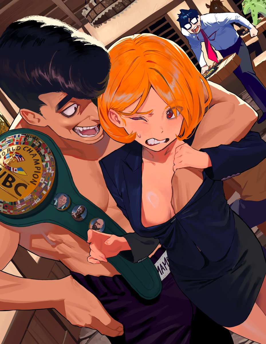 1boy 1girls big_breasts blonde_hair boxing boxing_gloves female groping groping_breasts groping_through_clothes hajime_no_ippo light-skinned_female mamoru_takamura questionable_consent rape some1else45