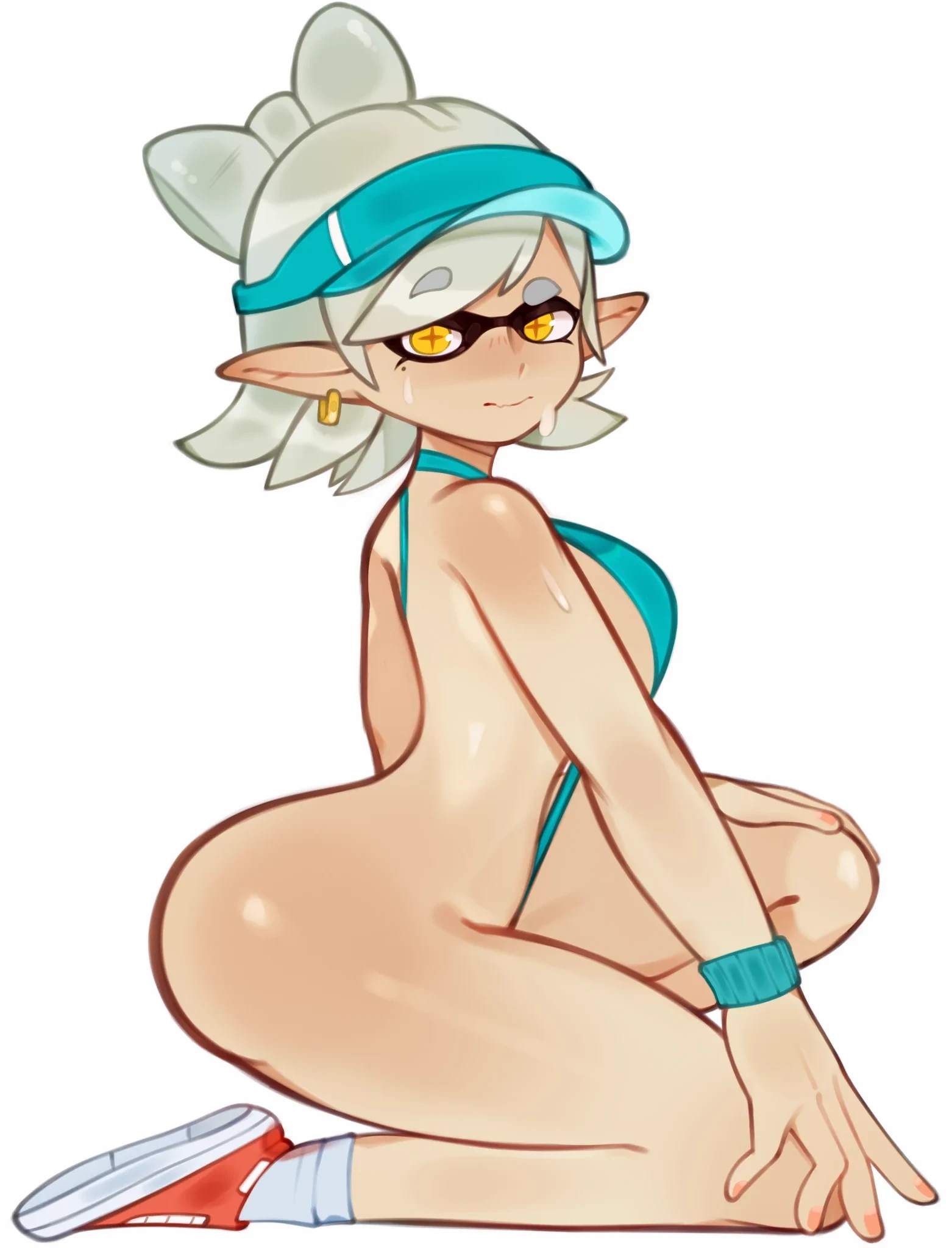 1girls, big breasts, breasts, cap, earrings, eyebrows, female, female only, light hair, light skin, light-skinned female, looking back, marie (splatoon), melonpuff, nintendo, pointy ears, silver hair, solo, solo female, solo focus, splatoon, sweat, sweatdrop, sweating, tentacle hair, thick thighs, thighs, visor cap, white hair, wide hips, yellow eyes