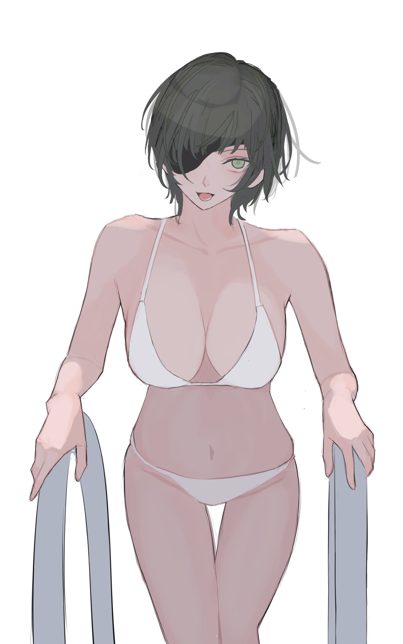1girls, big breasts, bikini, breasts, chainsaw man, eyepatch, female, female only, himeno (chainsaw man), light skin, light-skinned female, looking at viewer, mappa, pool, poolside, pov, saayuko, sideboob, thick thighs