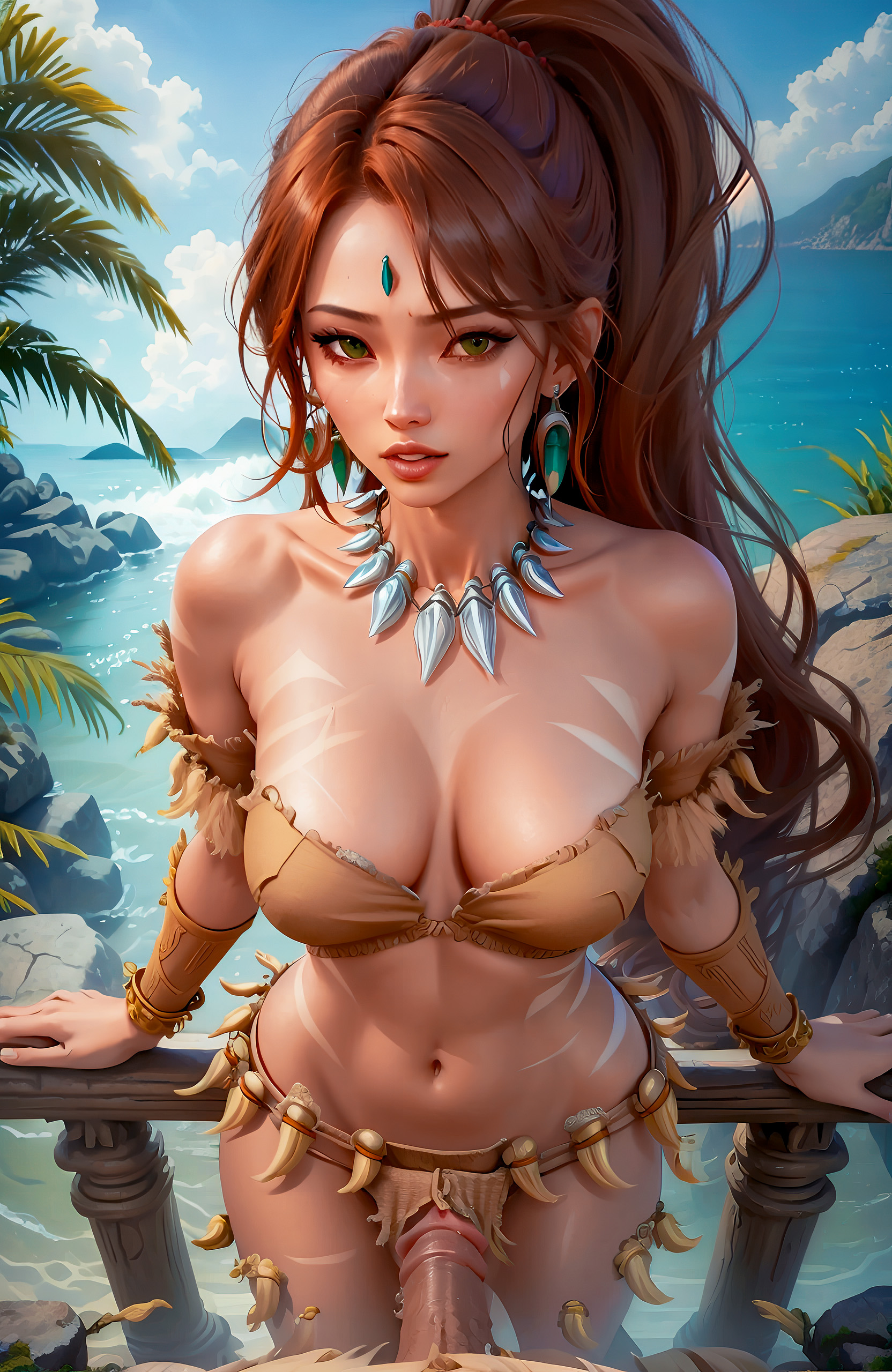 1boy, 1girls, ai generated, arbuzai, brown hair, female, forehead jewel, gem on forehead, green eyes, green-eyed female, high resolution, highres, imminent penetration, imminent sex, jewel on forehead, league of legends, loincloth, looking at viewer, male, nidalee, penis, penis out, riot games, skimpy, skimpy clothes, skimpy outfit, strapless, strapless top, strapless topwear, tribal markings, tribal tattoo, tribal tattoos, tube top