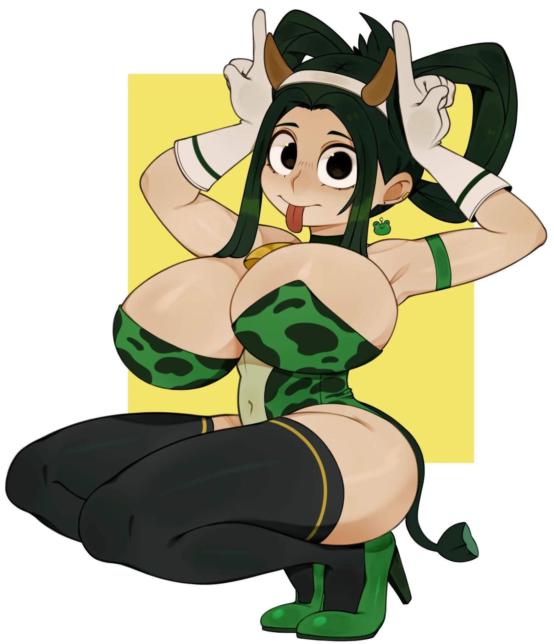 1girls, big breasts, breasts, bunnysuit, choker, cleavage, cow horns, cow tail, earrings, eyebrows, female, female only, green hair, high heels, large breasts, looking at viewer, melonpuff, my hero academia, solo, solo female, solo focus, tail, thick thighs, thighhighs, thighs, tongue, tongue out, tsuyu asui