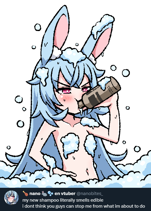 2023 animal_ears bath blue_ears blue_hair blush blush_lines bubble bubble_bath bubble_censorship bubbles bunny bunny_ears bunny_girl clean drinking drinking_shampoo fanart indie_virtual_youtuber inksgirls light-skinned_female light_skin meme naked pink_eyes rabbit rabbit_ears rabbit_girl shampoo shampoo_bottle simple_background taking_a_bath tweet usako_nano_(nanobites) virtual_youtuber vtuber white_background young