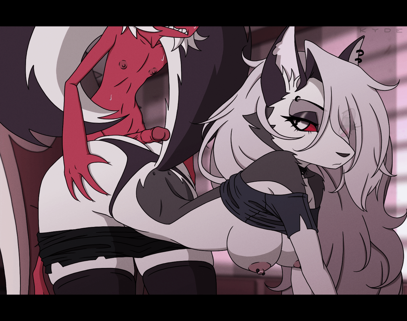 1boy, 1girls, animated, animation, anthro, ass, assjob, assjob through clothes, bare shoulders, bouncing breasts, breasts, clothed, clothed sex, female, furry, hellhound, helluva boss, jiggle, kyde, larger female, loona (helluva boss), male, male/female, moxxie (helluva boss), see-through, small dom big sub, smaller male, straight, tagme, tits out, uninterested