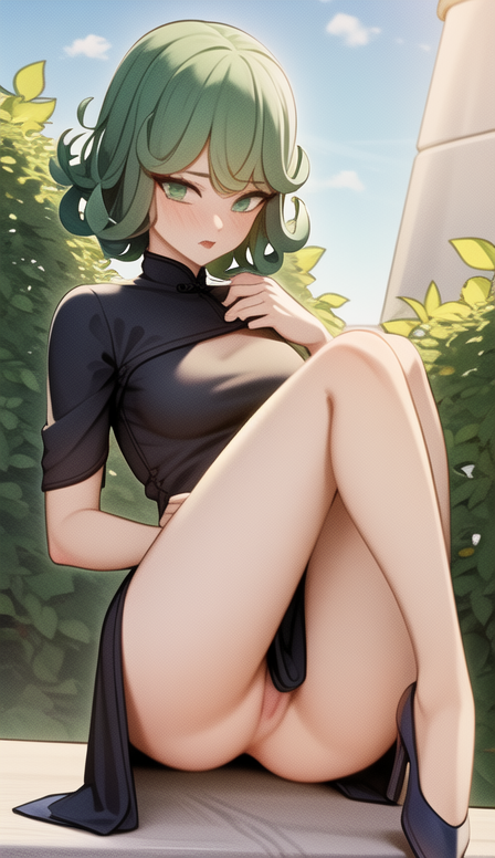 1girls ai_generated female female_only green_eyes green_hair no_panties one-punch_man sitting solo tatsumaki trompitpro