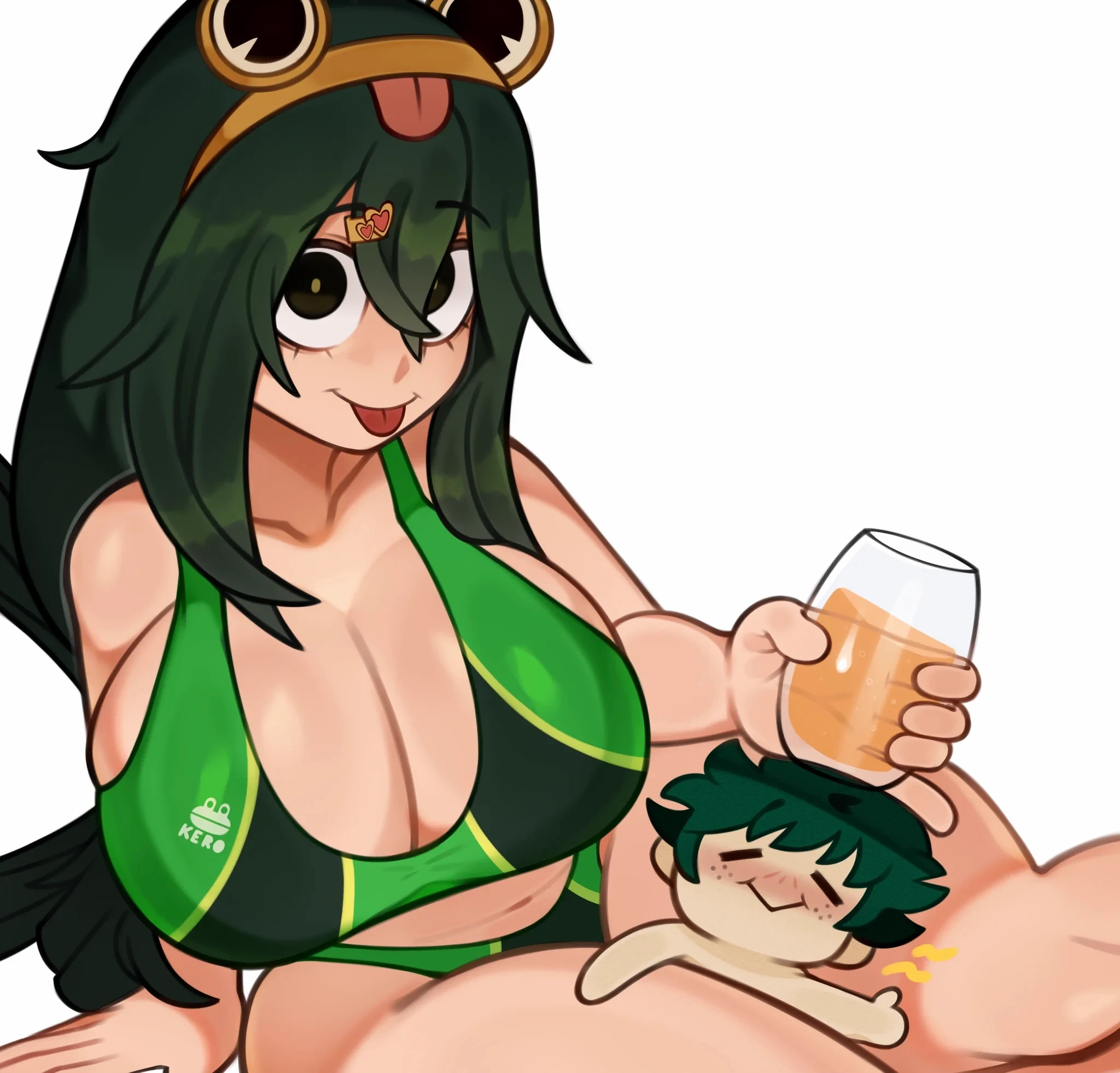 1boy, 1girls, big breasts, breasts, chibi, cleavage, eye contact, eyebrows visible through hair, female, freckles, goggles, goggles on head, green hair, green-haired female, izuku midoriya, large breasts, long hair, looking at viewer, male, melonpuff, my hero academia, navel, thick thighs, thighs, tsuyu asui, wide hips