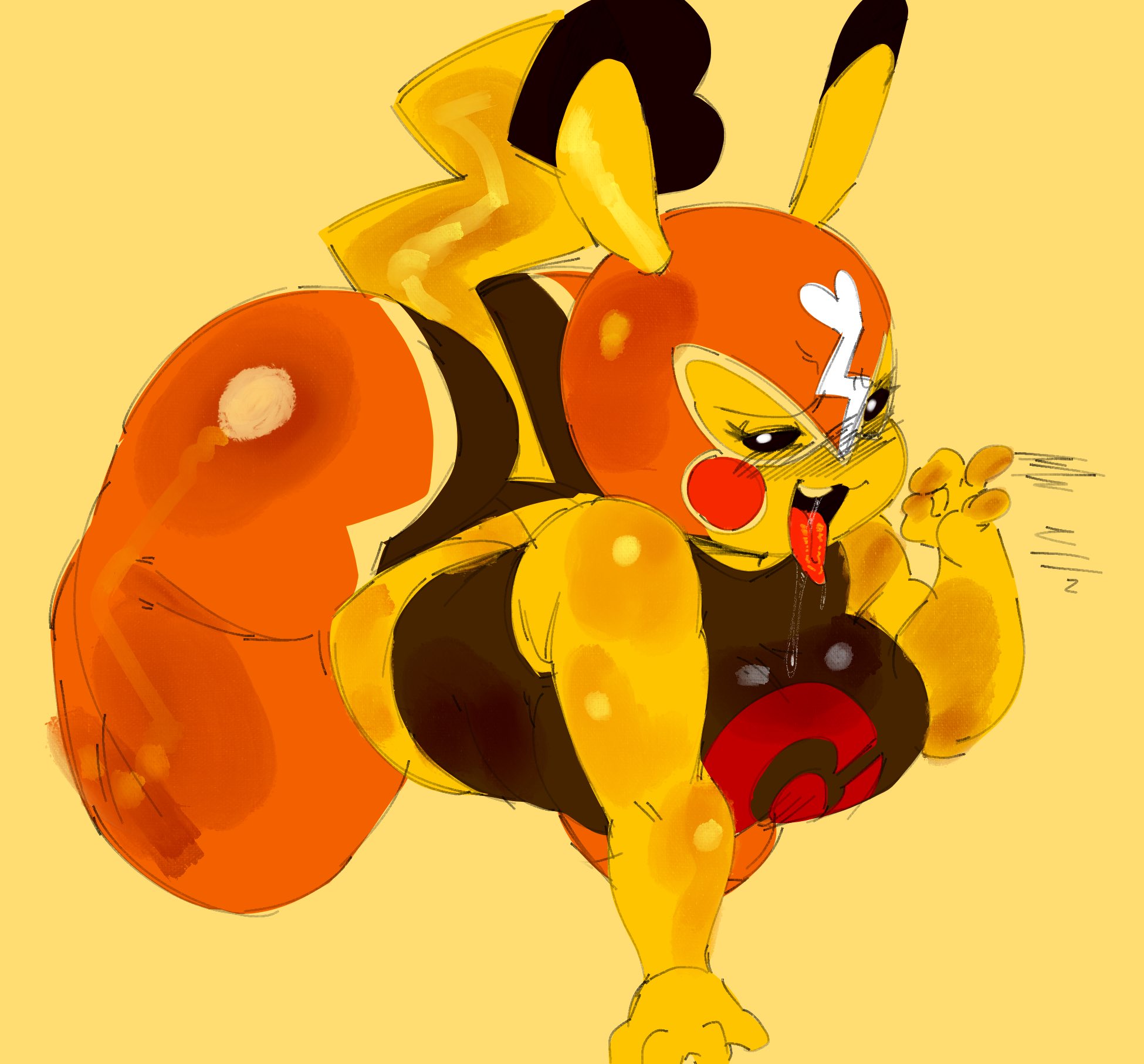 anthro, anthrofied, ass, big ass, big breasts, blowjob gesture, breasts, bubble ass, bubble butt, clothed, clothing, cosplay pikachu, fellatio gesture, female, furry, furry only, gesture, greatalmightyjj, huge ass, nintendo, no humans, pikachu, pikachu libre, pokémon (species), pokemon, pokemon (species), solo, suggestive, suggestive gesture, tail
