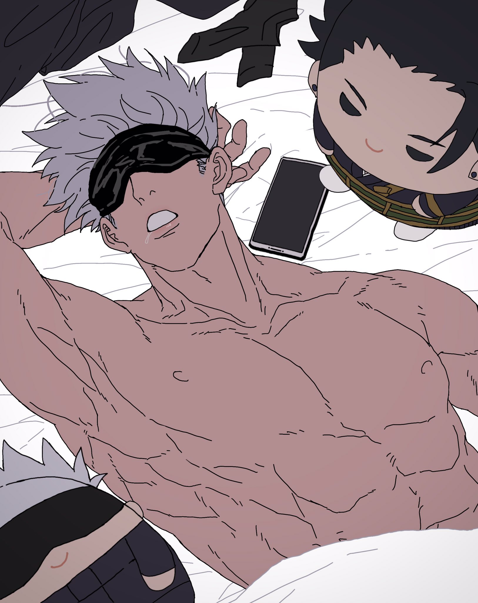 2boys, bandage, color, jujutsu kaisen, male, muscular, muscular male, plushie, satoru gojo, sleeping, suguru geto, white hair, yaoi