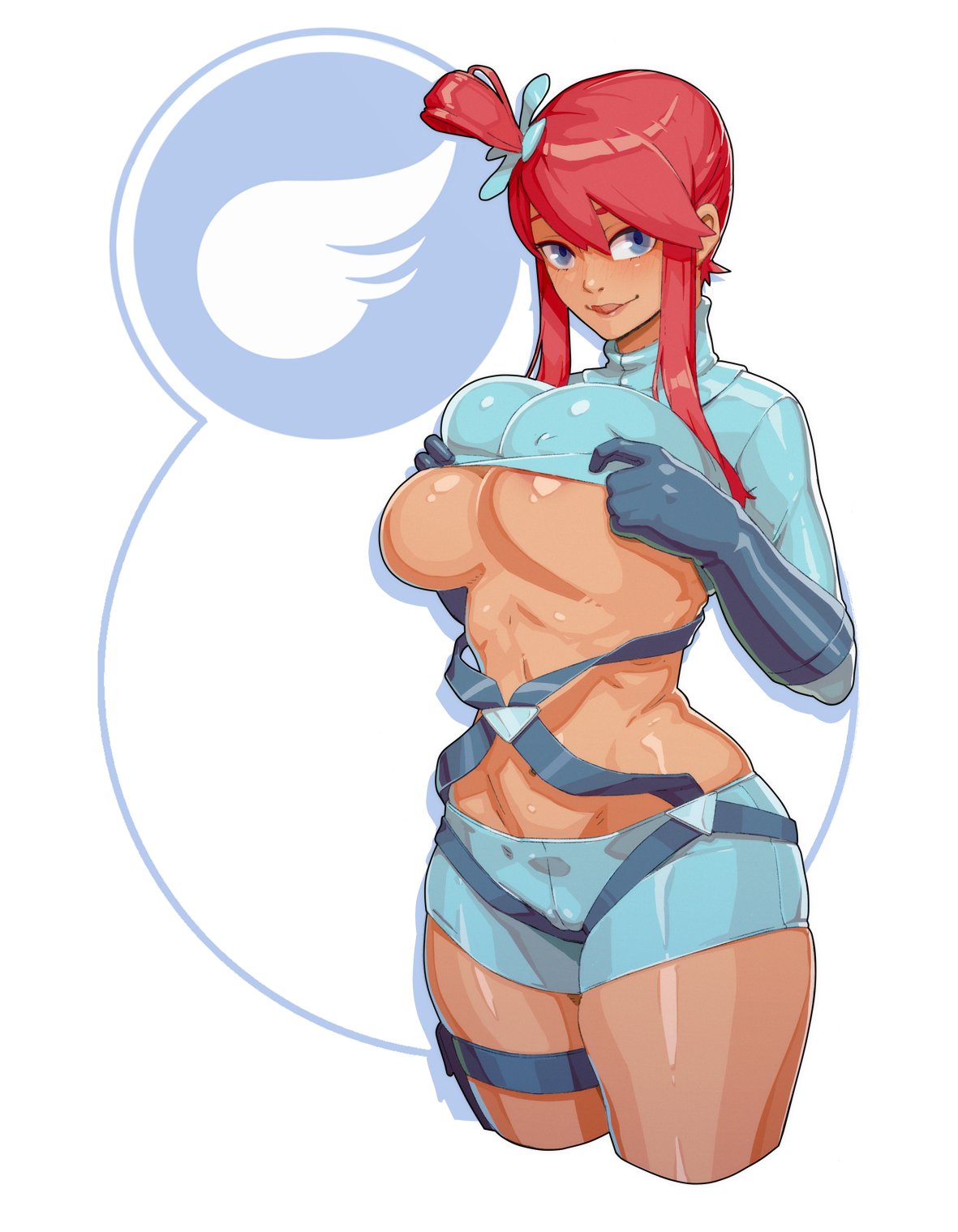 1girls, big breasts, breasts, cameltoe, female, materclaws, pokemon, pussy, red hair, skyla (pokemon), solo, standing, underboob
