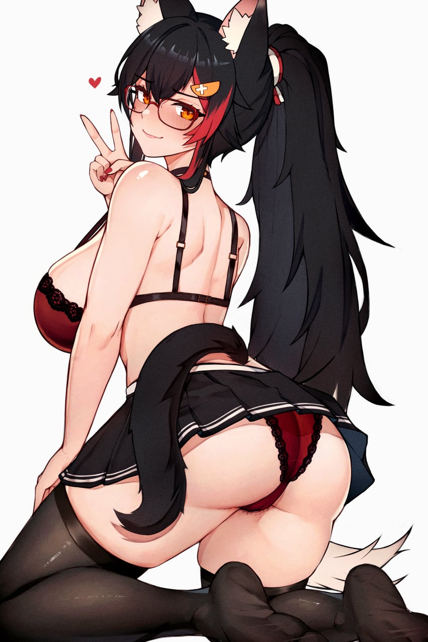 ass, ass focus, black fur, black hair, breasts, choker, female, hololive, hololive gamers, hololive japan, kemonomimi, large breasts, nerd, nerdy, nerdy female, no bra, no clothes, ookami mio, panties, panties only, school uniform, schoolgirl, semi nude, varniskarnis, virtual youtuber, vtuber, wolf, wolf ears, wolf girl, wolf tail