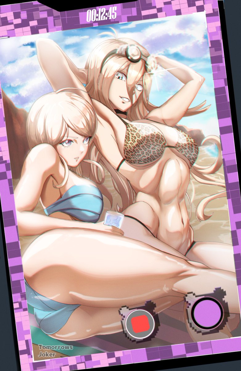 2girls akamatsu_kaede arms_up ass beach big_breasts bikini blonde_hair busty cellphone clouds danganronpa danganronpa_s:_ultimate_summer_camp danganronpa_v3 drink goggles goggles_on_head hourglass_figure huge_breasts iruma_miu large_breasts multiple_girls photo sand shiny_skin smiling_at_viewer tomorrowsjoker voluptuous voluptuous_female water