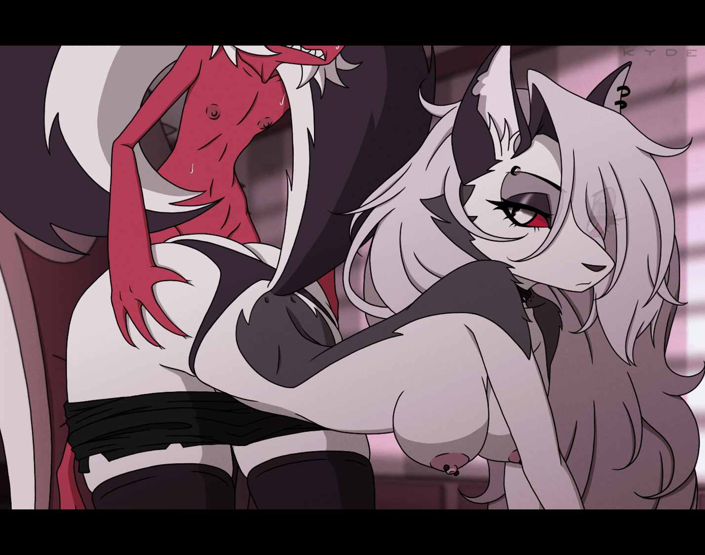 1boy, 1girls, animated, animation, anthro, bare shoulders, bouncing breasts, breasts, clothed, clothed sex, female, furry, hellhound, helluva boss, jiggle, kyde, larger female, loona (helluva boss), male, male/female, moxxie (helluva boss), partially clothed, see-through, small dom big sub, smaller male, straight, tagme, uninterested