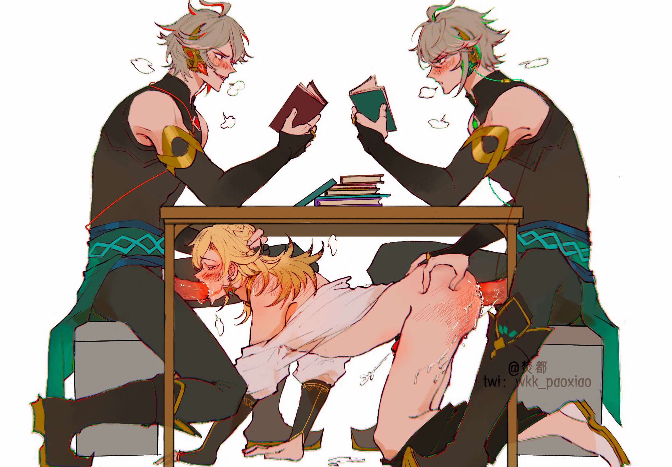 3boys, abs, alhaitham (genshin impact), anal, blowjob, blush, clone, gay, genshin impact, kaveh (genshin impact), looking at another, male, muscles, panting, reading book, spitroast, threesome, trio, under the table, wkk paoxiao, yaoi