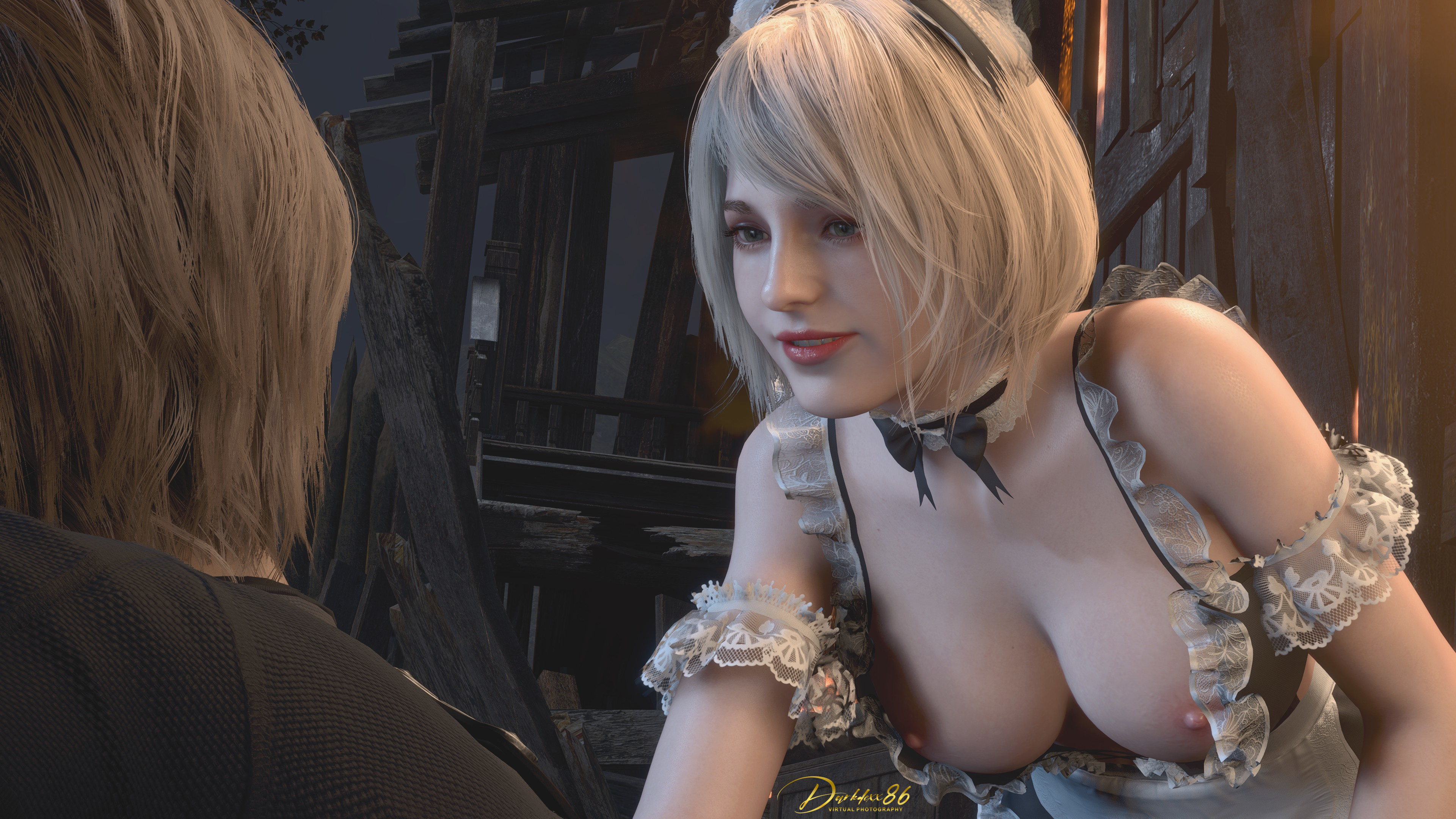 1boy, 1girls, 3d, areolae, armlet, ashley graham, ashley graham (ella freya), big breasts, blonde hair, blue eyes, breasts, brown hair, busty, cleavage, darkdexx86, female, female focus, hourglass figure, leon scott kennedy, lipstick, maid, maid apron, maid headdress, maid uniform, makeup, male, mod, nipples, resident evil, resident evil 4, resident evil 4 remake, short hair, wide hips