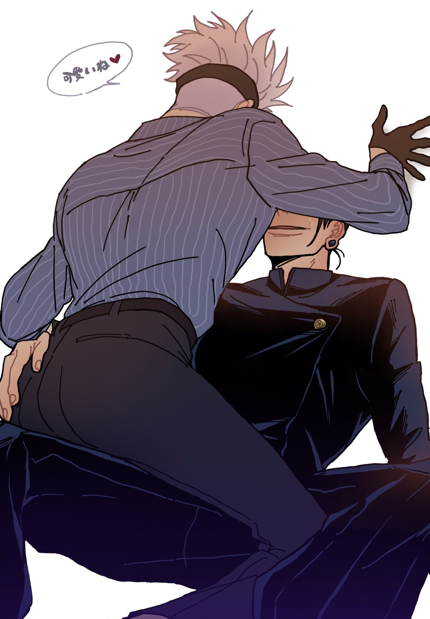 2boys, adult and teenager, bandage, clothed, color, jujutsu kaisen, male, muscular, muscular male, no sex, no visible genitalia, satoru gojo, suguru geto, white hair, yaoi