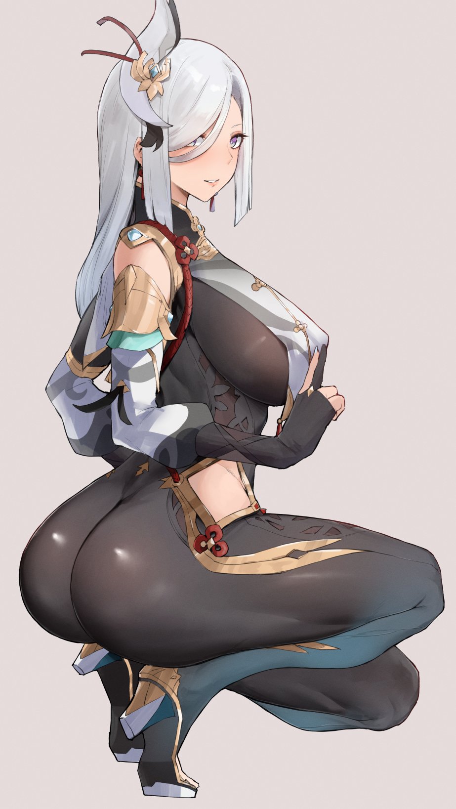 1girls, ass, blue eyes, bodysuit, breasts, female, female only, genshin impact, hair over one eye, hi res, huge ass, huge breasts, kataku musou, light skin, light-skinned female, long hair, shenhe (genshin impact), shiny skin, squatting, thick thighs, tights, white hair