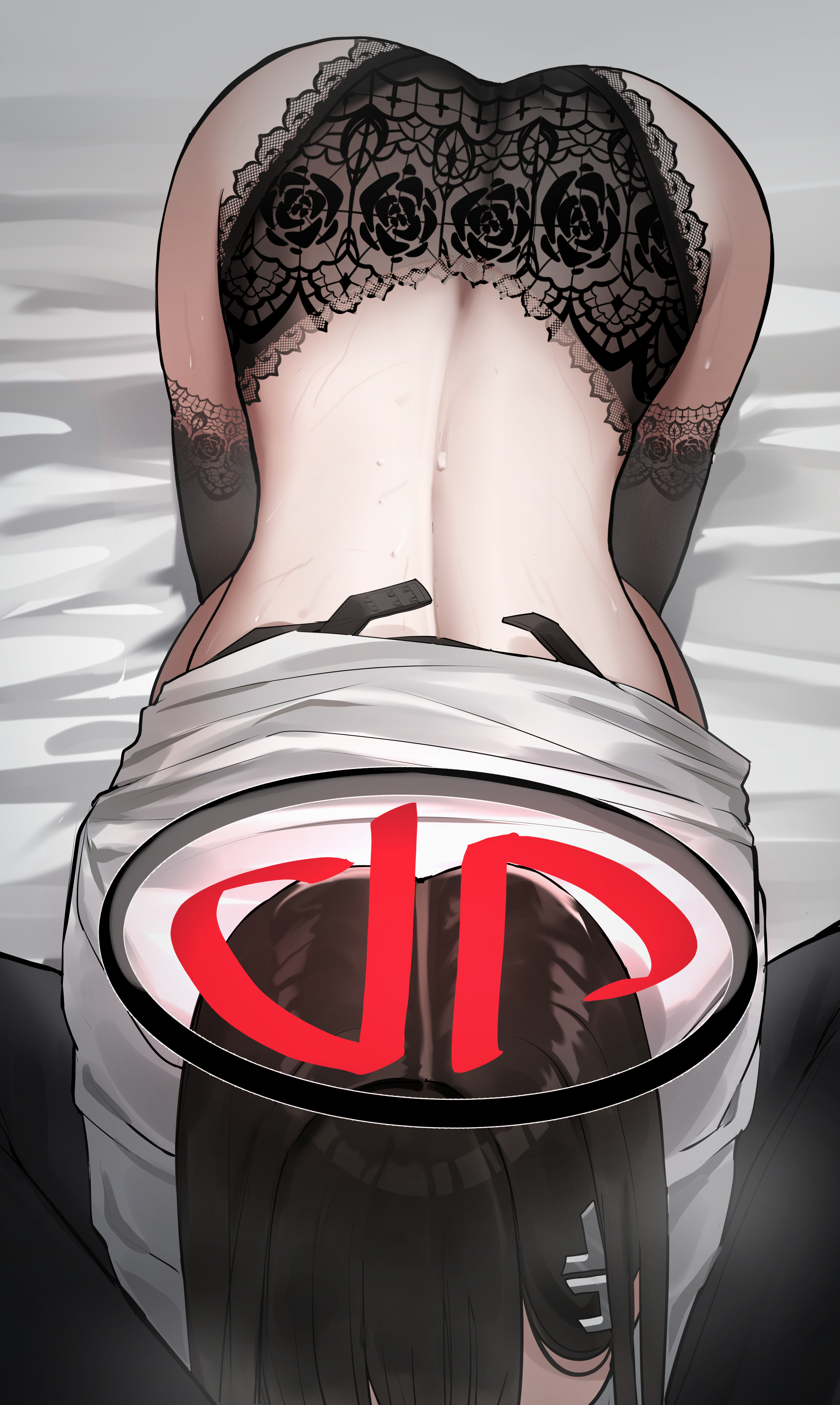 1boy, 1girls, absurdres, all fours, art rat, ass, backboob, black bra, black hair, black panties, black pants, blue archive, bra, breasts, fellatio, female, hair ornament, halo, implied fellatio, implied oral, lace-trimmed panties, large breasts, long hair, male, millennium science school student, open bra, oral, pov, rio (blue archive), seminar (blue archive), seminar president, sensei (blue archive), shirt lift, solo focus, spread legs, steam, straight, student council president, sweat, thighhighs, thighs, underwear, white shirt