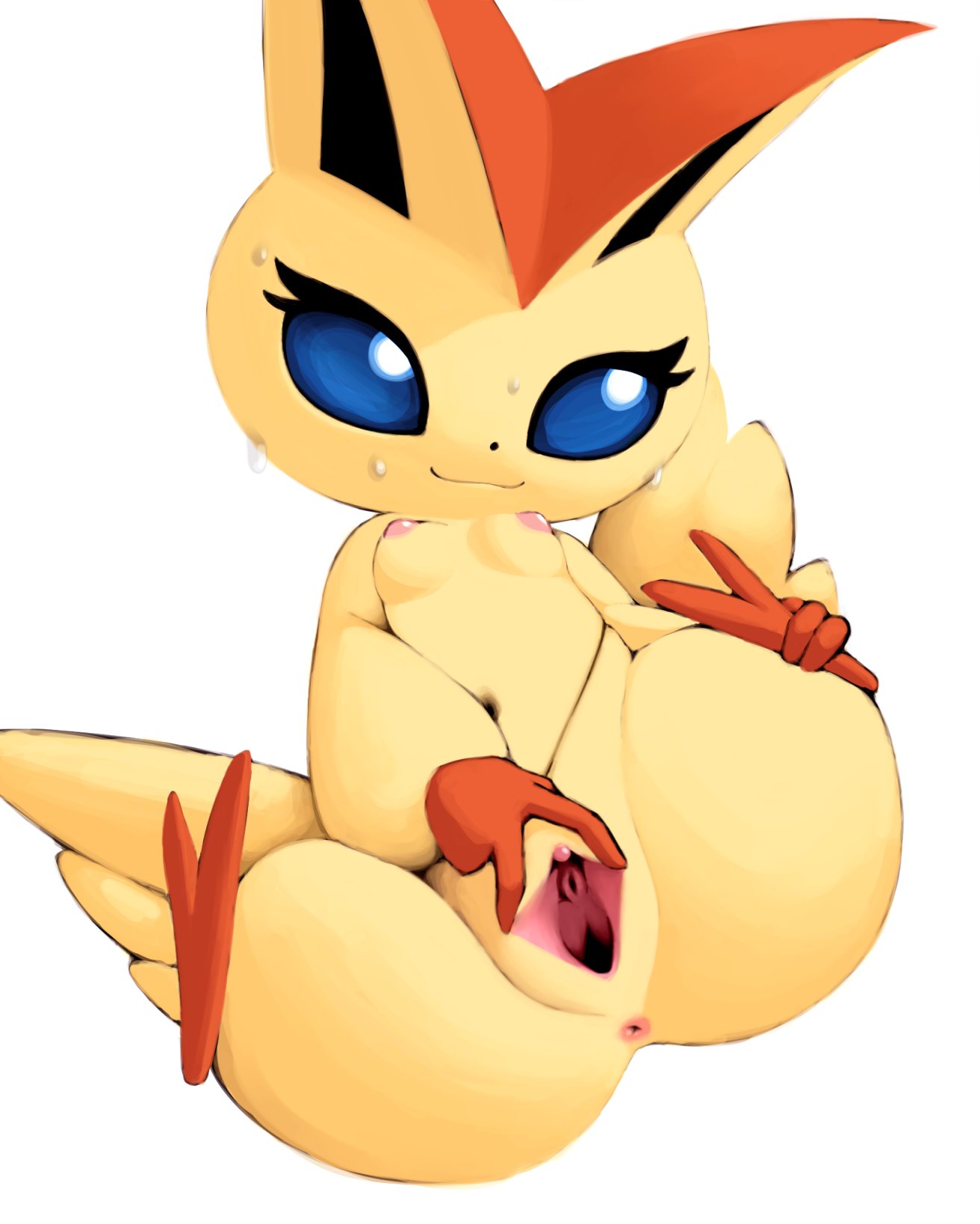 anthro anus ass big_butt blue_eyes bodily_fluids breasts clitoris female generation_5_pokemon genitals hi_res kumadori legendary_pokemon looking_at_viewer nintendo nipples nude pink_nipples pokemon pokemon_(species) pussy smile solo spread_pussy spreading sweat tan_body urethra victini