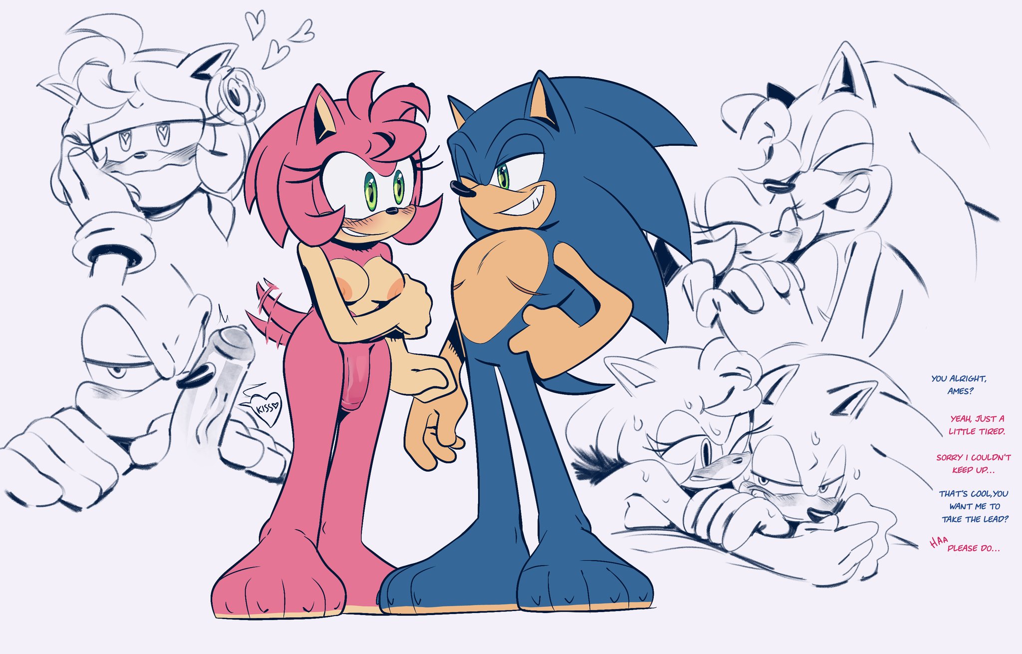 1cuntboy, 1dickgirl, 1futa, amy rose, anthro, anthro only, blush stickers, casual, cuntboy, dialogue, dickgirl, fellatio, female, flushed face, furry, futanari, happy sex, heart symbol, intersex, mastectomy scar, nude, penis, sega, somedivs, sonic (series), sonic the hedgehog, sonic the hedgehog (series), trans man, trans woman, transfem, transmasc, wholesome, wholesome sex