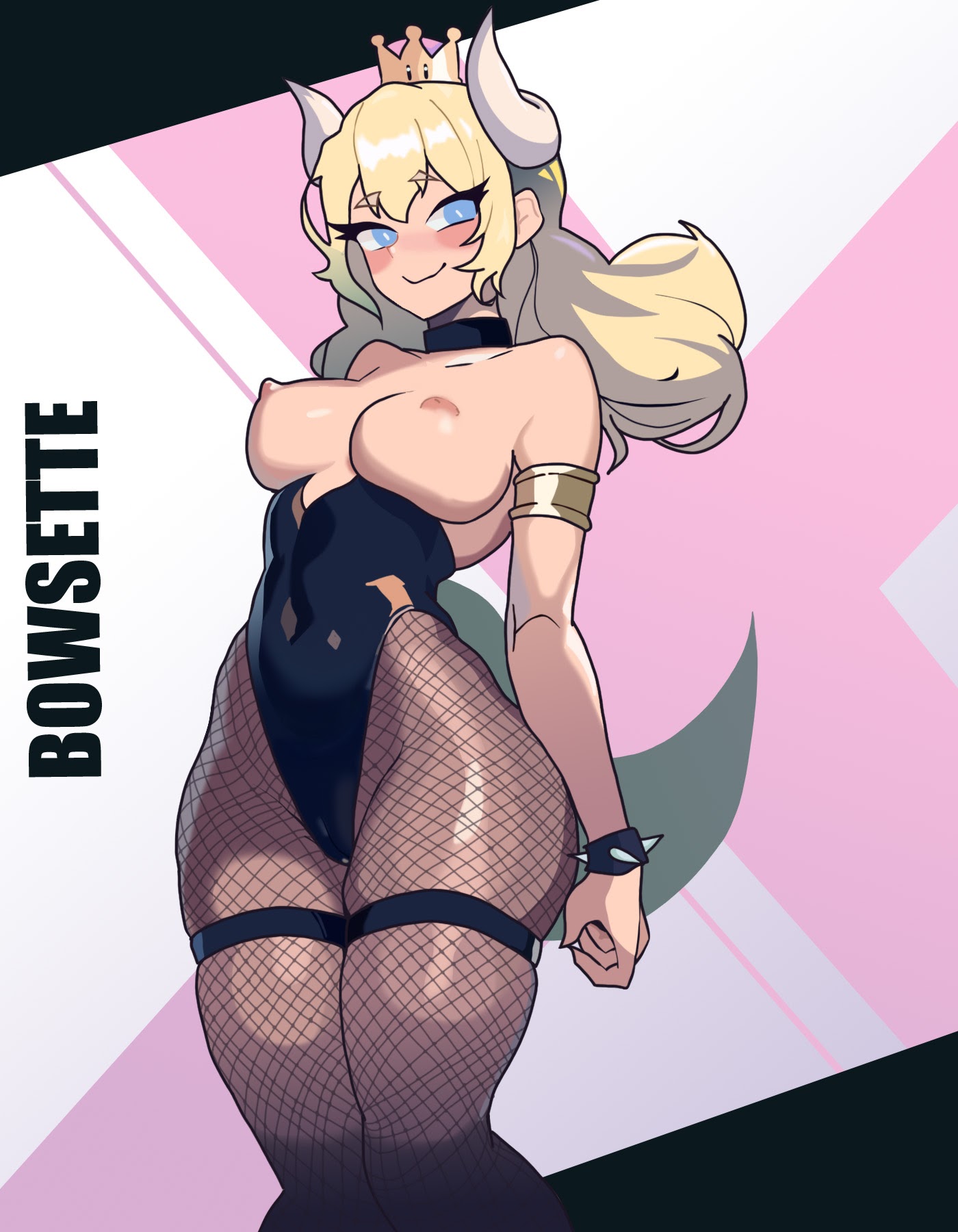 1girls, alternate version available, big breasts, blonde hair, bowsette, breasts, breasts exposed, exposed breasts, female, fishnets, lewd, long hair, looking at viewer, mario (series), medium breasts, medium hair, net stockings, new super mario bros. u deluxe, pantyhose, smile, smiling, smiling at viewer, solo, solo female, solo focus, super crown, super smash bros.