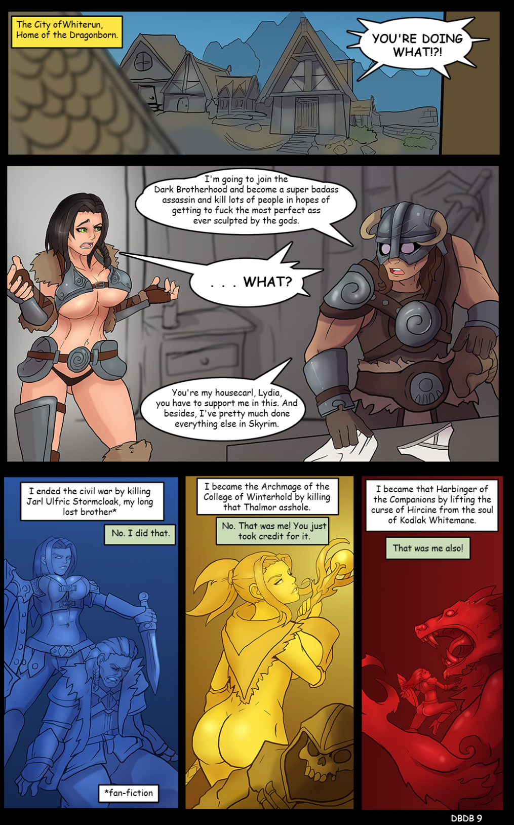 1girls 2boys ass big_breasts blue_tint breasts comic dovahkiin english_dialogue english_text fantasy green_eyes helmet lydia lydia_skyrim lydia_stendarrsdottir magic_staff markydaysaid nord ponytail red_tint skull skyrim speech_bubble staff text thalmor thane the_elder_scrolls ulfric_stormcloak unconvincing_armor werewolf wolf yellow_tint