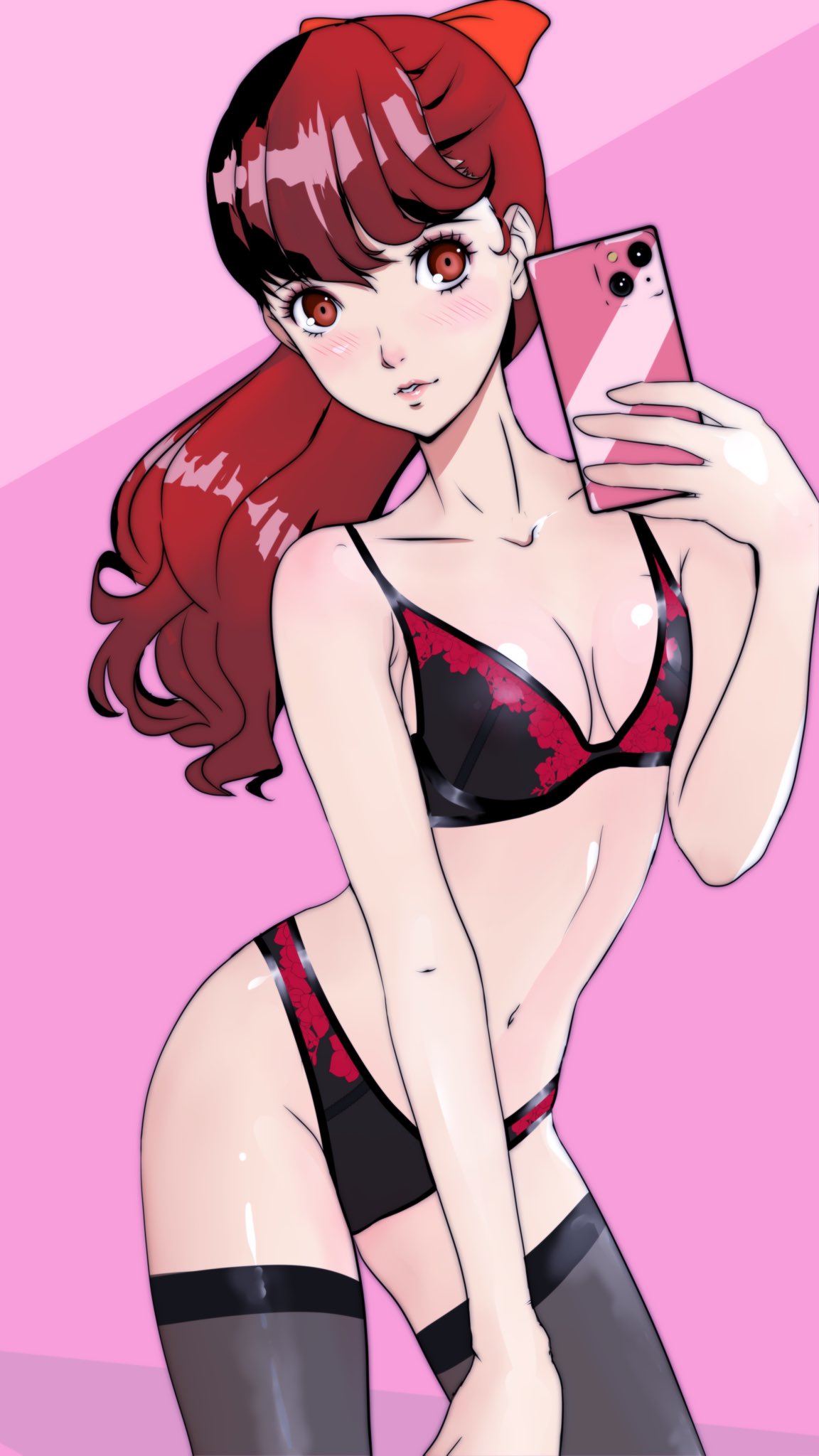 1girls, atlus, breasts, cypher ink, female, female only, holding phone, kasumi yoshizawa, light skin, light-skinned female, navel, persona, persona 5, persona 5 royal, ponytail, red eyes, red hair, smartphone, solo, solo female, standing, sumire yoshizawa, tagme, thighhighs, thighs, underwear, underwear only