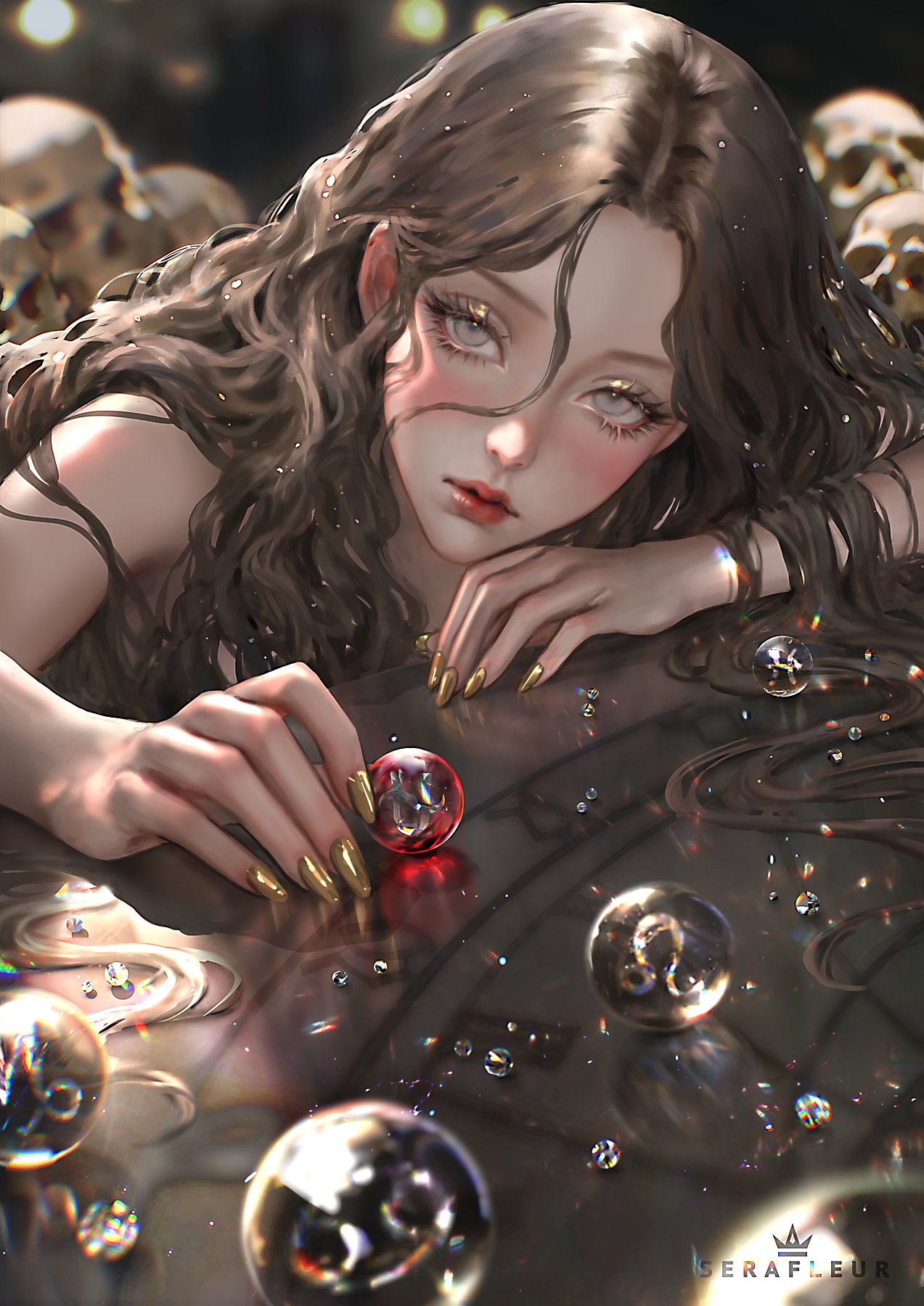 brown_hair grey_eyes long_hair lying lying_down lying_on_stomach nail_polish red_lipstick serafleur