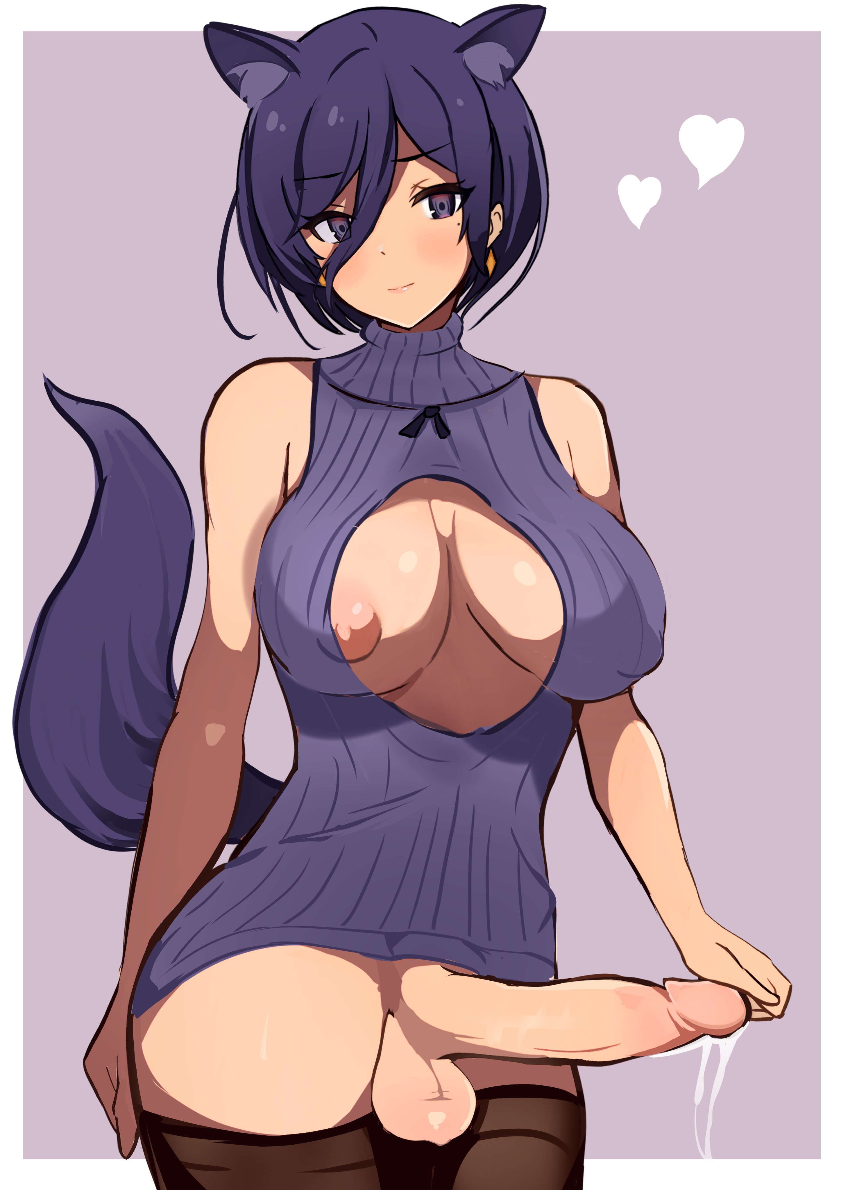 1futa, animal ears, animal tail, areolae, balls, big breasts, big penis, black thighhighs, bottomless, bottomless futa, breasts, brown eyes, cleavage, cleavage cutout, clothed, clothing, cum, cum drip, cum dripping from penis, dickgirl, embarrassed, erect penis, erection, futa only, futanari, holding penis, humanoid, humanoid penis, intersex, kemonomimi, large breasts, large penis, light skin, light-skinned futa, long hair, nipples, no bra, partially clothed, penis, purple eyes, purple hair, purple sweater, short hair, smile, solo, solo futa, standing, sweater, tail, thighhighs, yoshiwo senpai