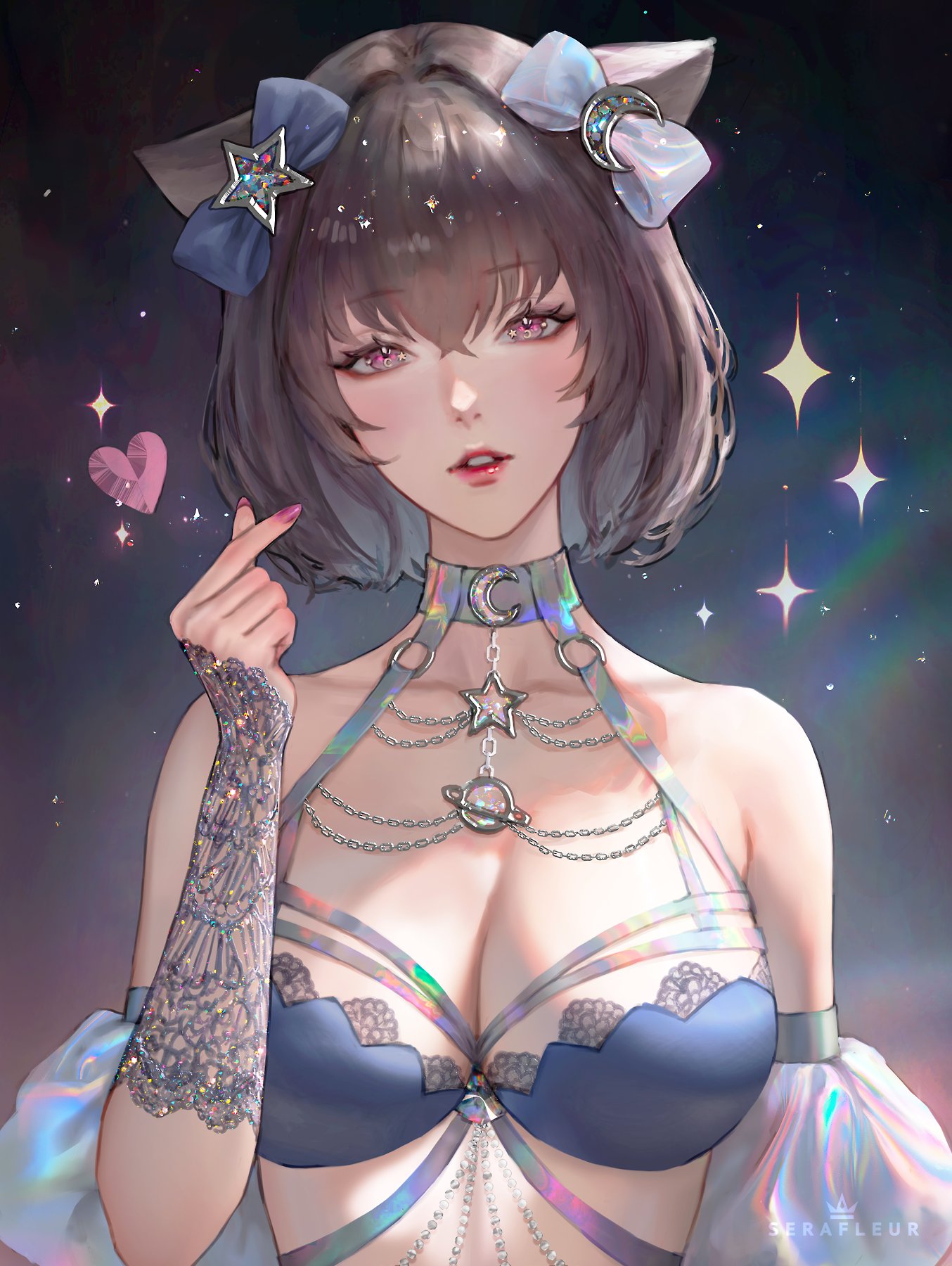 big_breasts bra breasts brown_hair collar furry_ears nail_polish ribbons serafleur short_hair