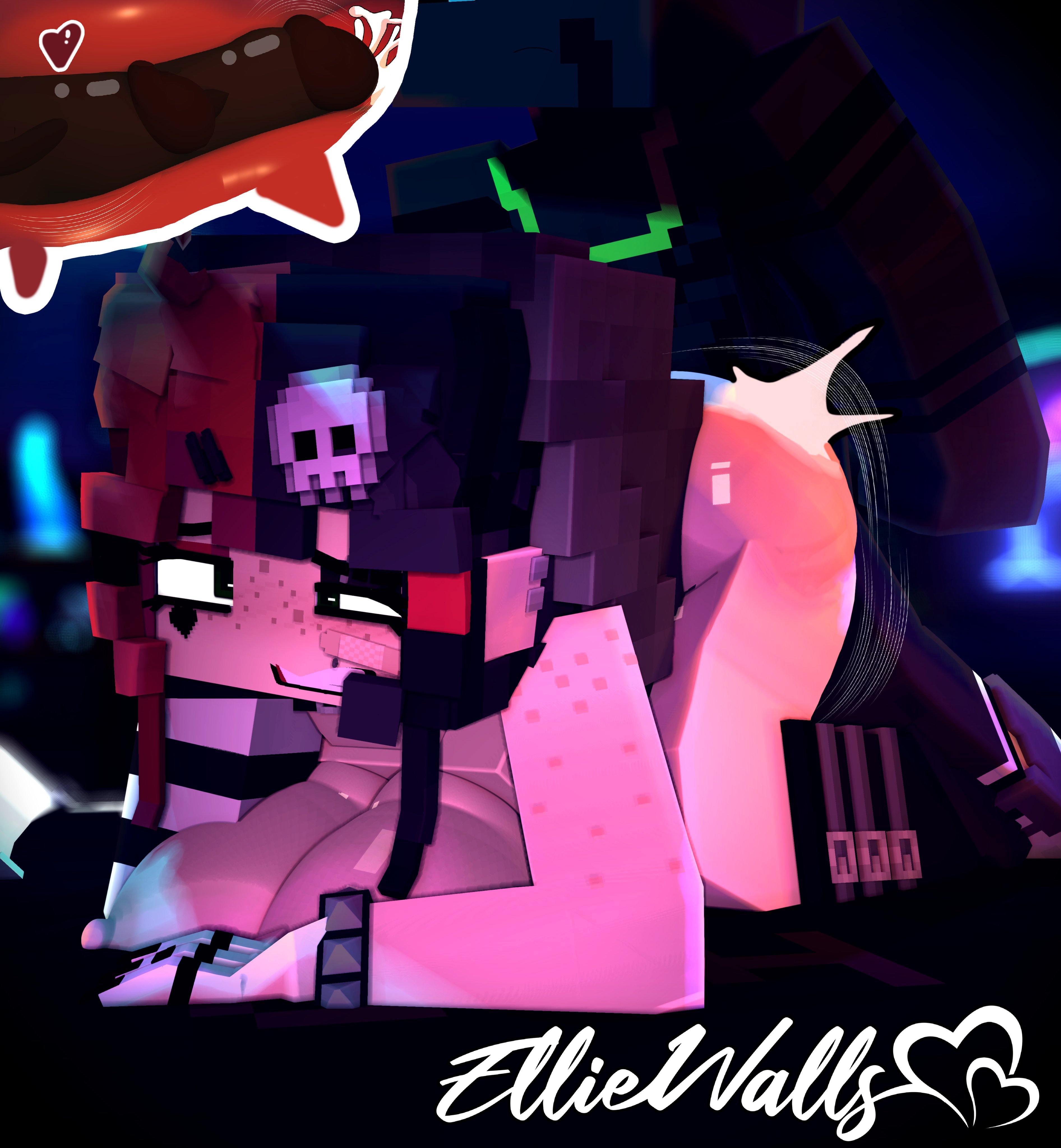 1boy, 1girls, 3d, areola, artist name, black hair, breasts, ellie walls (odysseyellie), female, freckles, freckles on face, hair ornament, light skin, light-skinned female, male, male/female, mine-imator, minecraft, multicolored hair, nipples, odysseyellie, red hair, skull hair ornament, x-ray